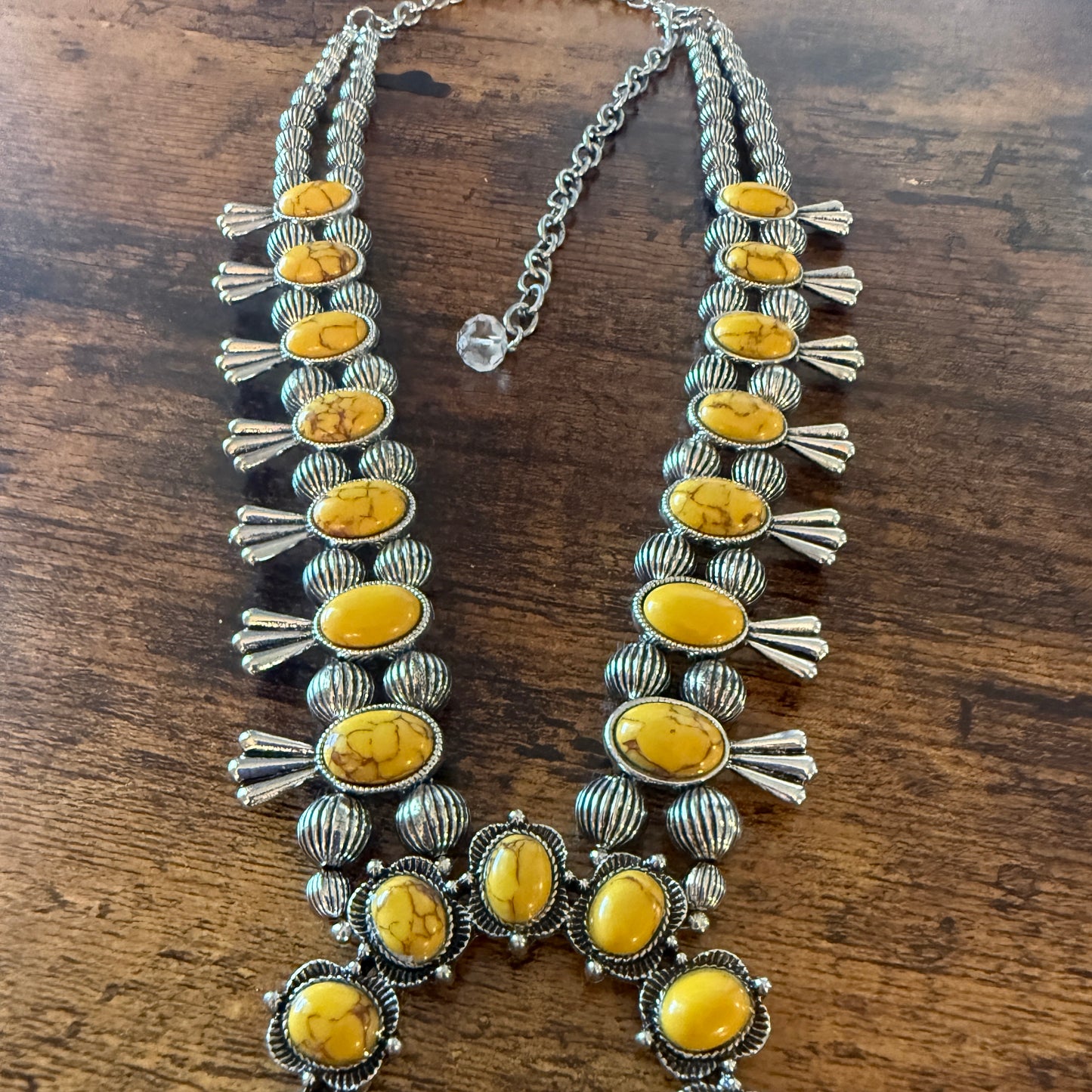 Yellow Stone Squash Blossom Western Necklace, Faux Silver Pearl Beads