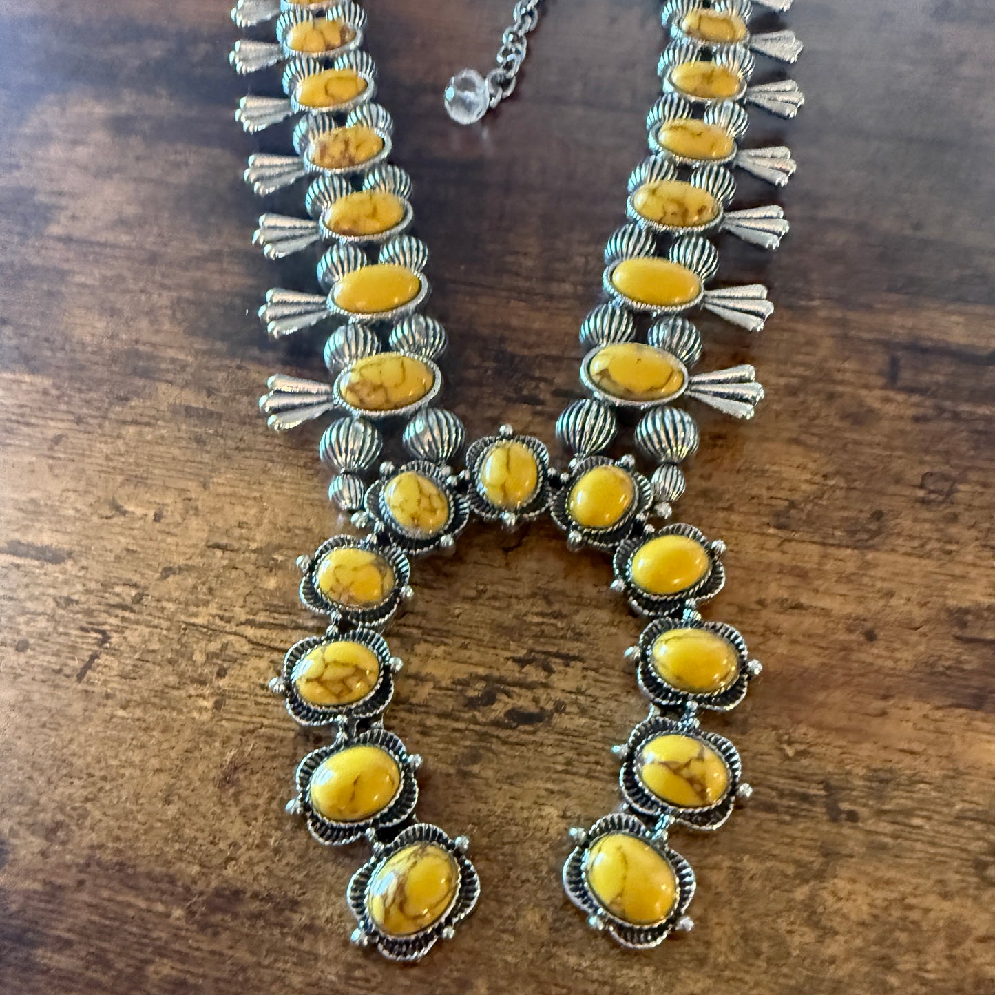 Yellow Stone Squash Blossom Western Necklace, Faux Silver Pearl Beads
