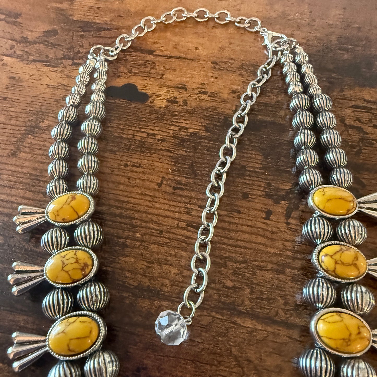 Yellow Stone Squash Blossom Western Necklace, Faux Silver Pearl Beads