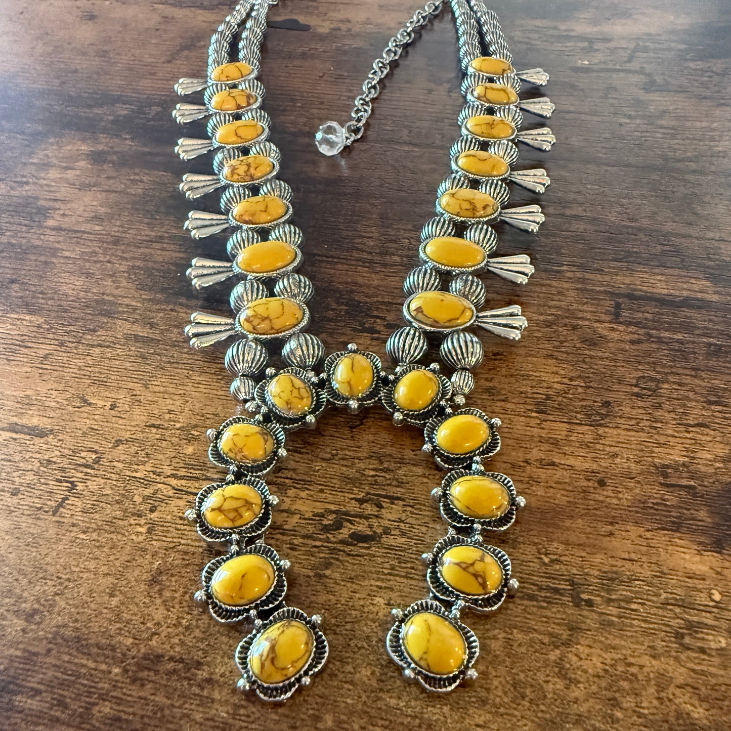 Yellow Stone Squash Blossom Western Necklace, Faux Silver Pearl Beads