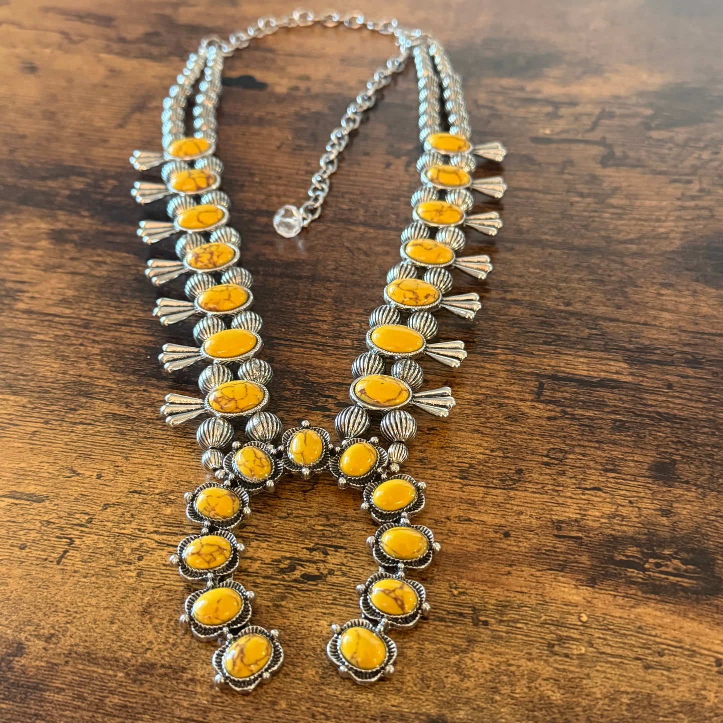 Yellow Stone Squash Blossom Western Necklace, Faux Silver Pearl Beads