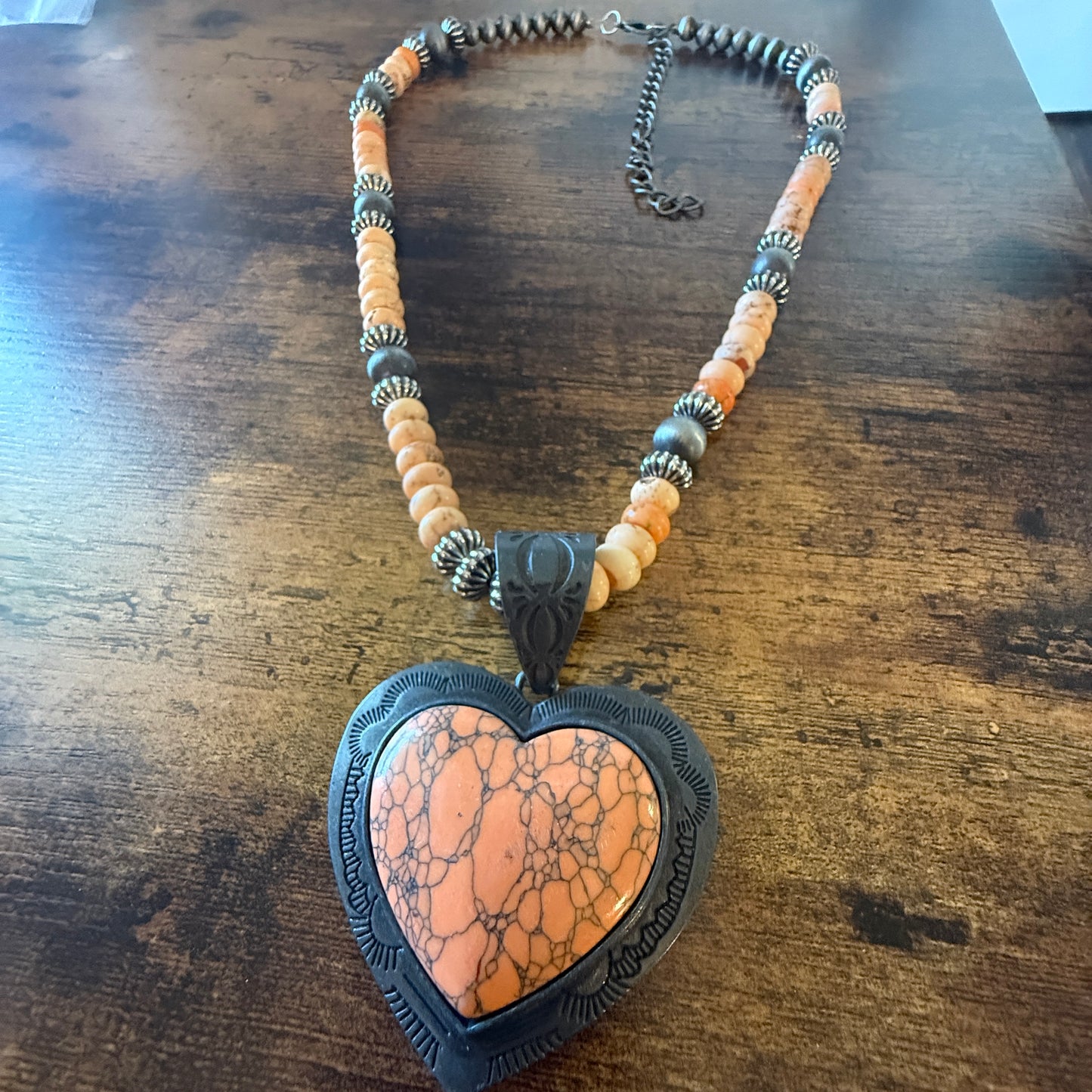 Orange Stone Heart Pendant Necklace With Navajo Pearls 26 Inch