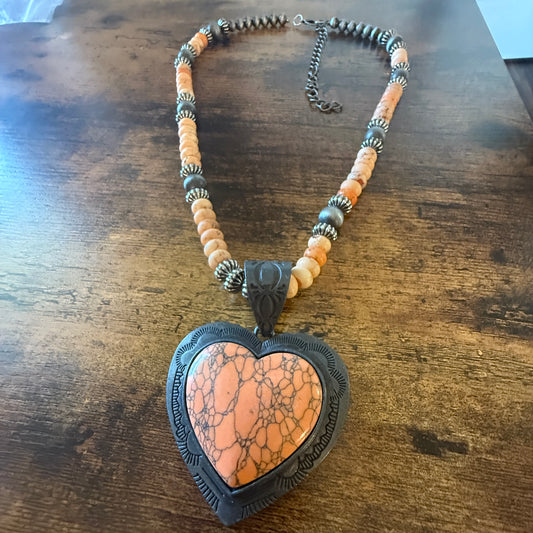 Orange Stone Heart Pendant Necklace With Navajo Pearls 26 Inch