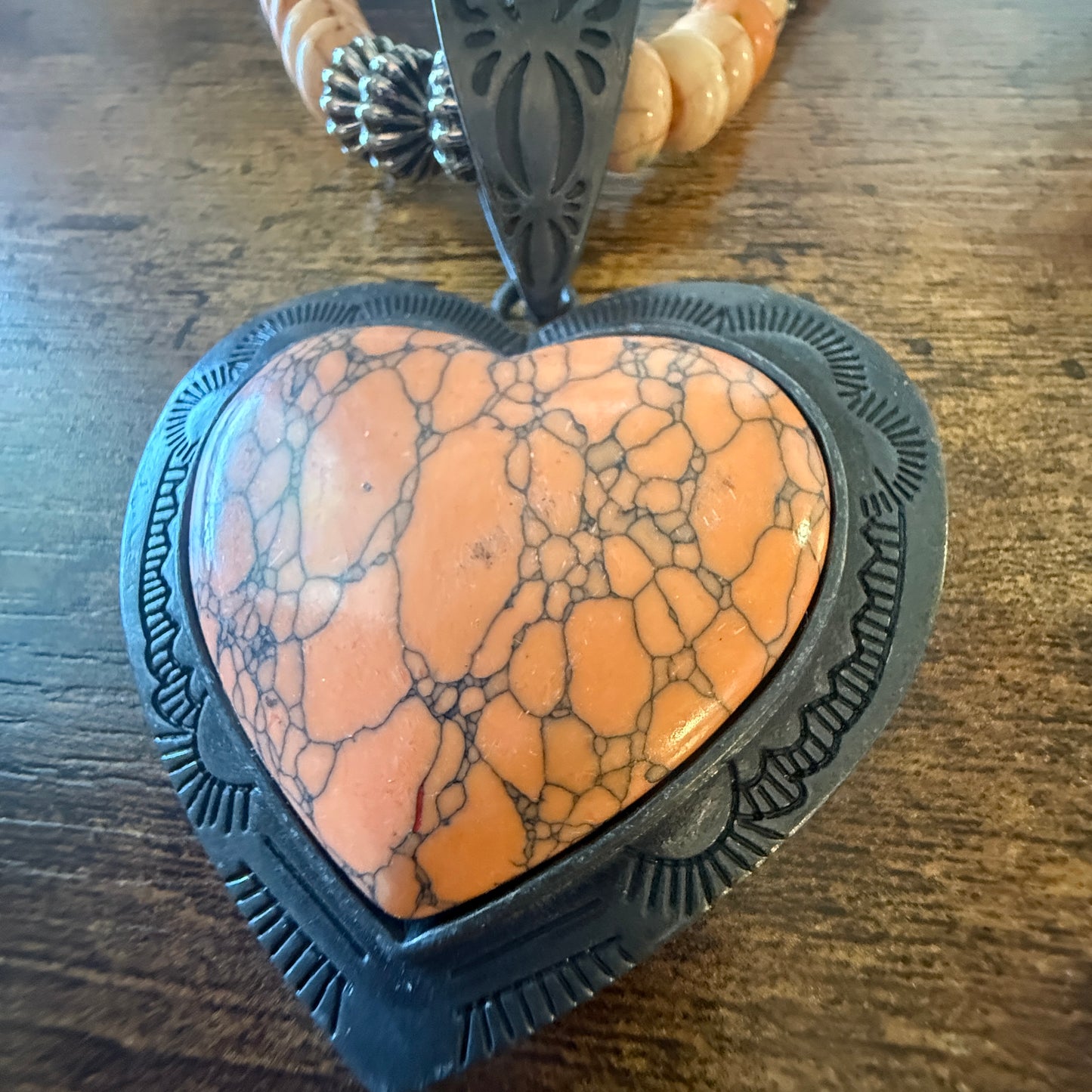 Orange Stone Heart Pendant Necklace With Navajo Pearls 26 Inch