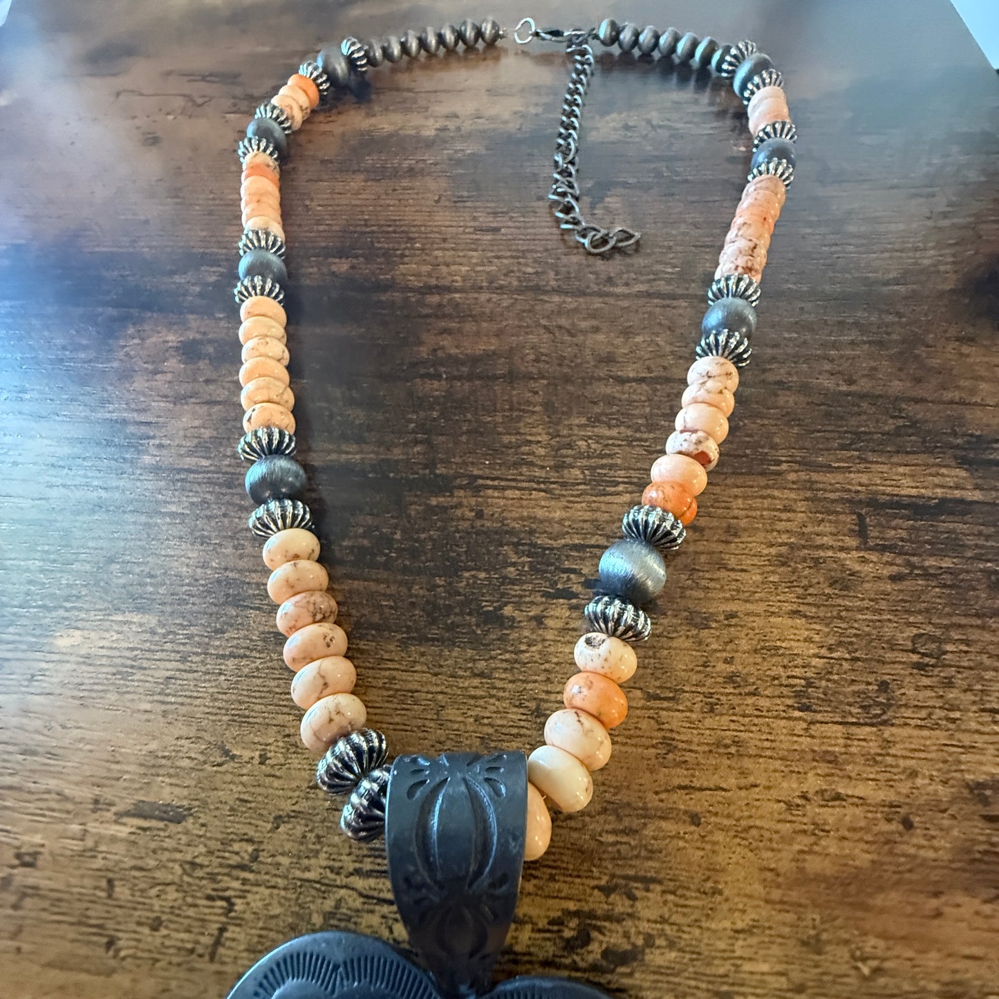 Orange Stone Heart Pendant Necklace With Navajo Pearls 26 Inch