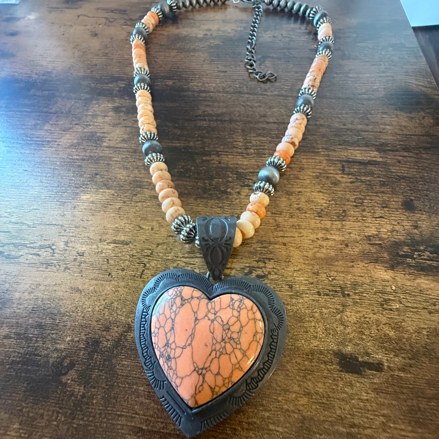 Orange Stone Heart Pendant Necklace With Navajo Pearls 26 Inch