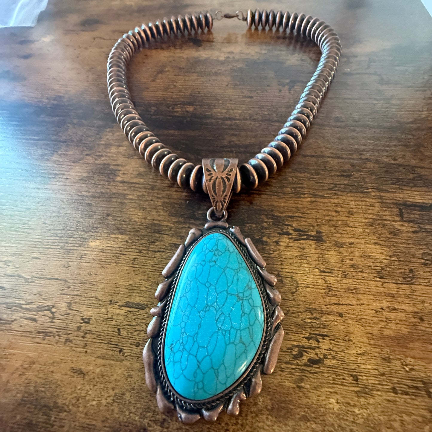 Copper Navajo Pearl Necklace With Blue Turquoise Teardrop Pendant 21 Inches