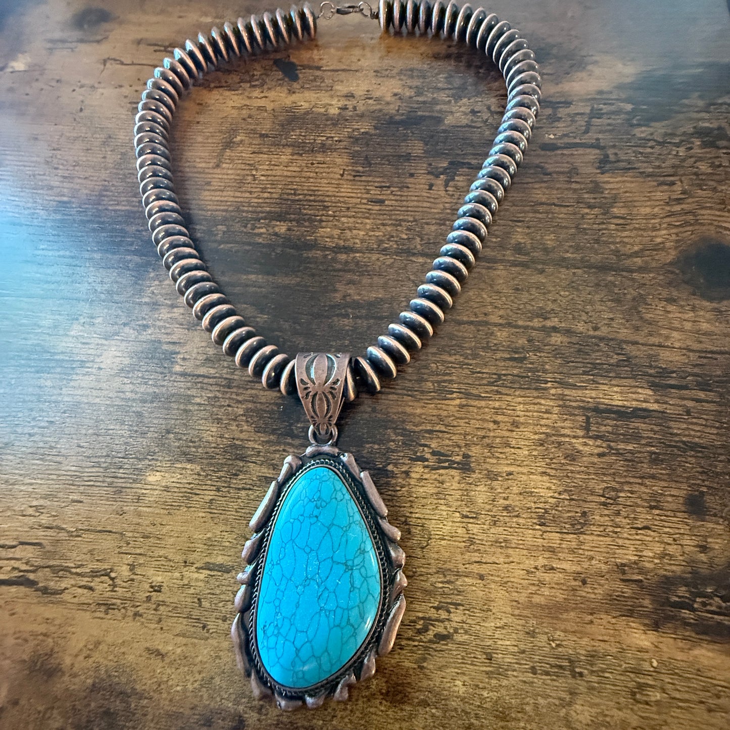 Copper Navajo Pearl Necklace With Blue Turquoise Teardrop Pendant 21 Inches