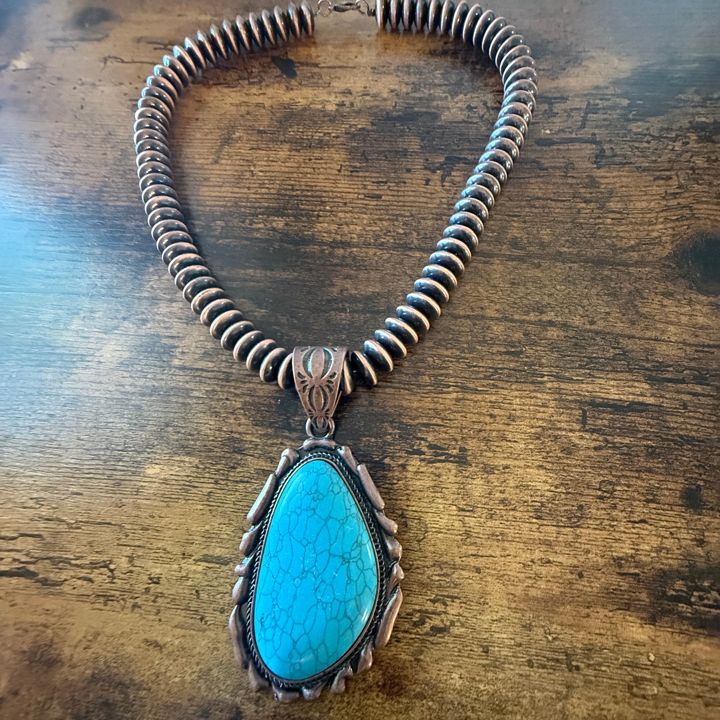 Copper Navajo Pearl Necklace With Blue Turquoise Teardrop Pendant 21 Inches