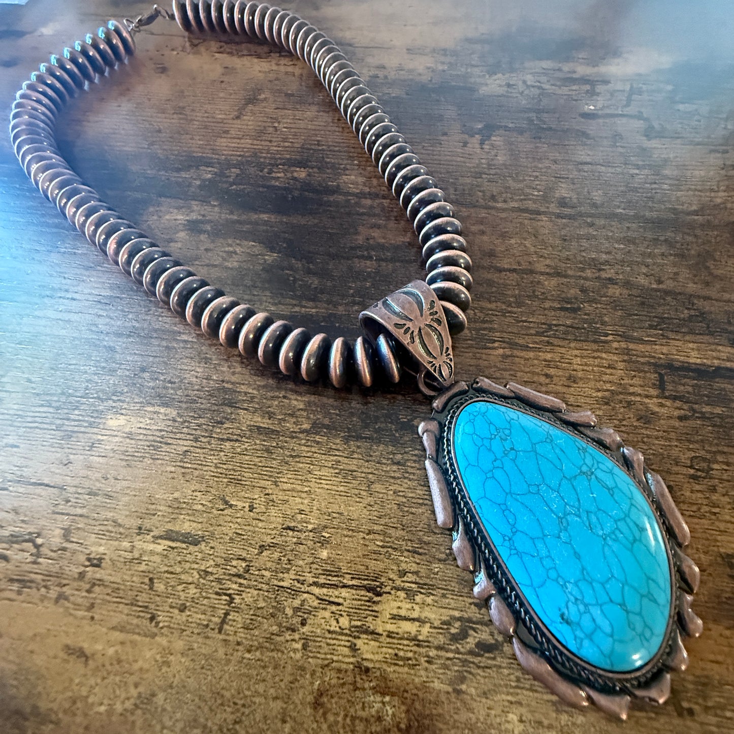 Copper Navajo Pearl Necklace With Blue Turquoise Teardrop Pendant 21 Inches