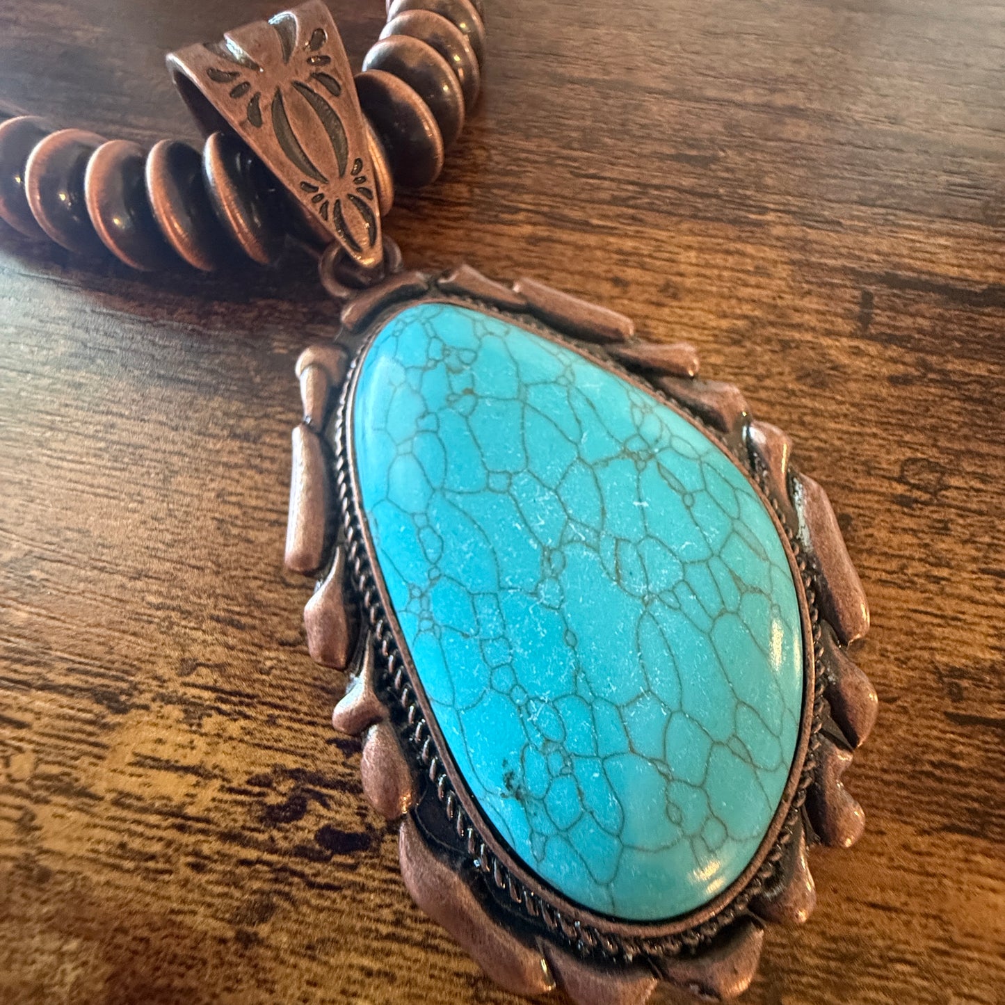 Copper Navajo Pearl Necklace With Blue Turquoise Teardrop Pendant 21 Inches