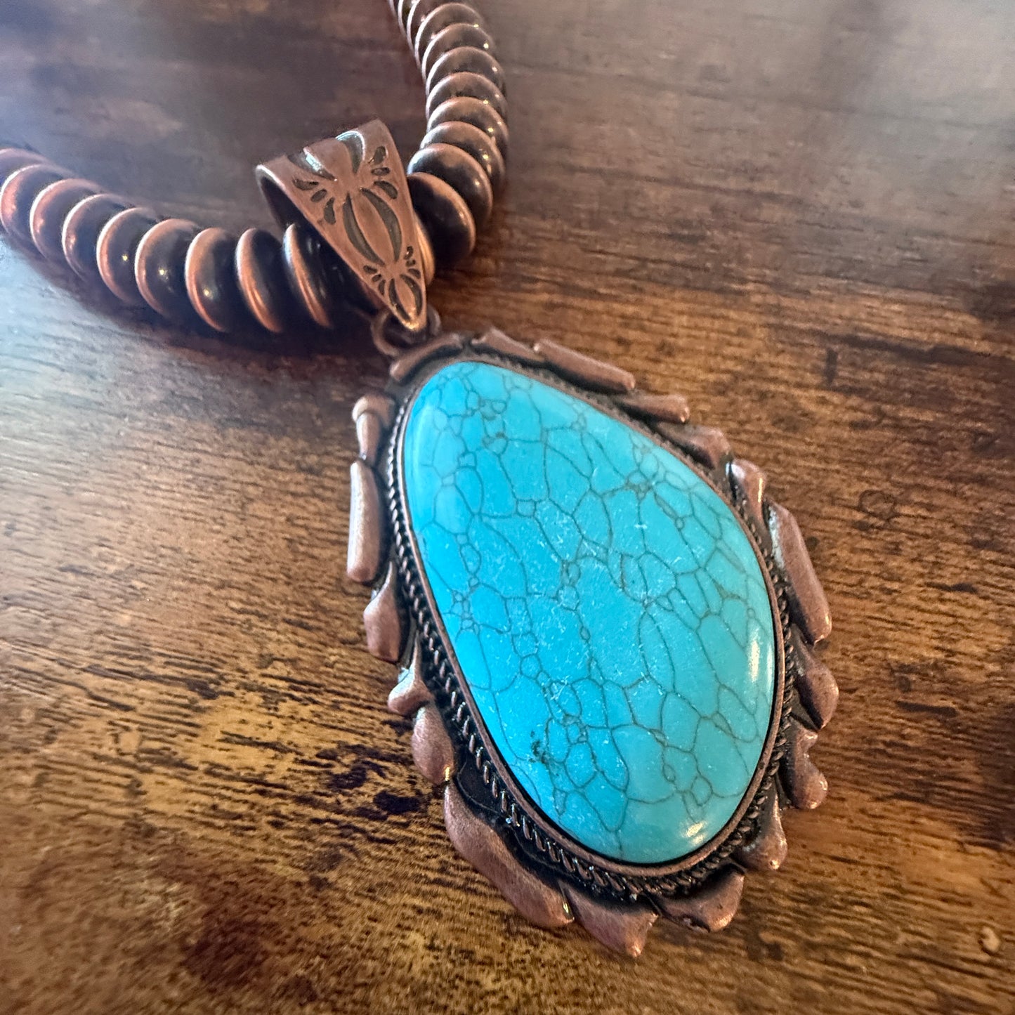 Copper Navajo Pearl Necklace With Blue Turquoise Teardrop Pendant 21 Inches