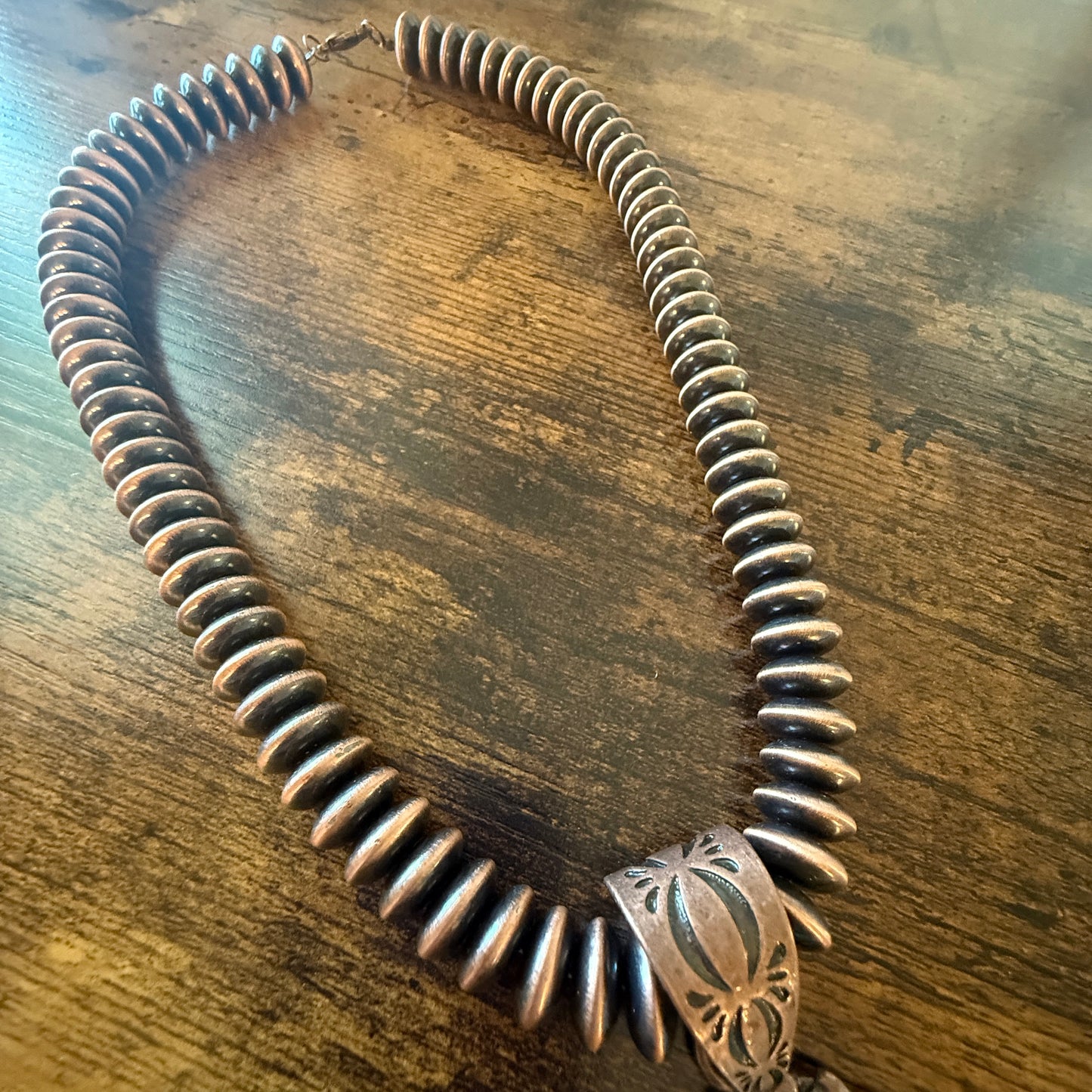 Copper Navajo Pearl Necklace With Blue Turquoise Teardrop Pendant 21 Inches