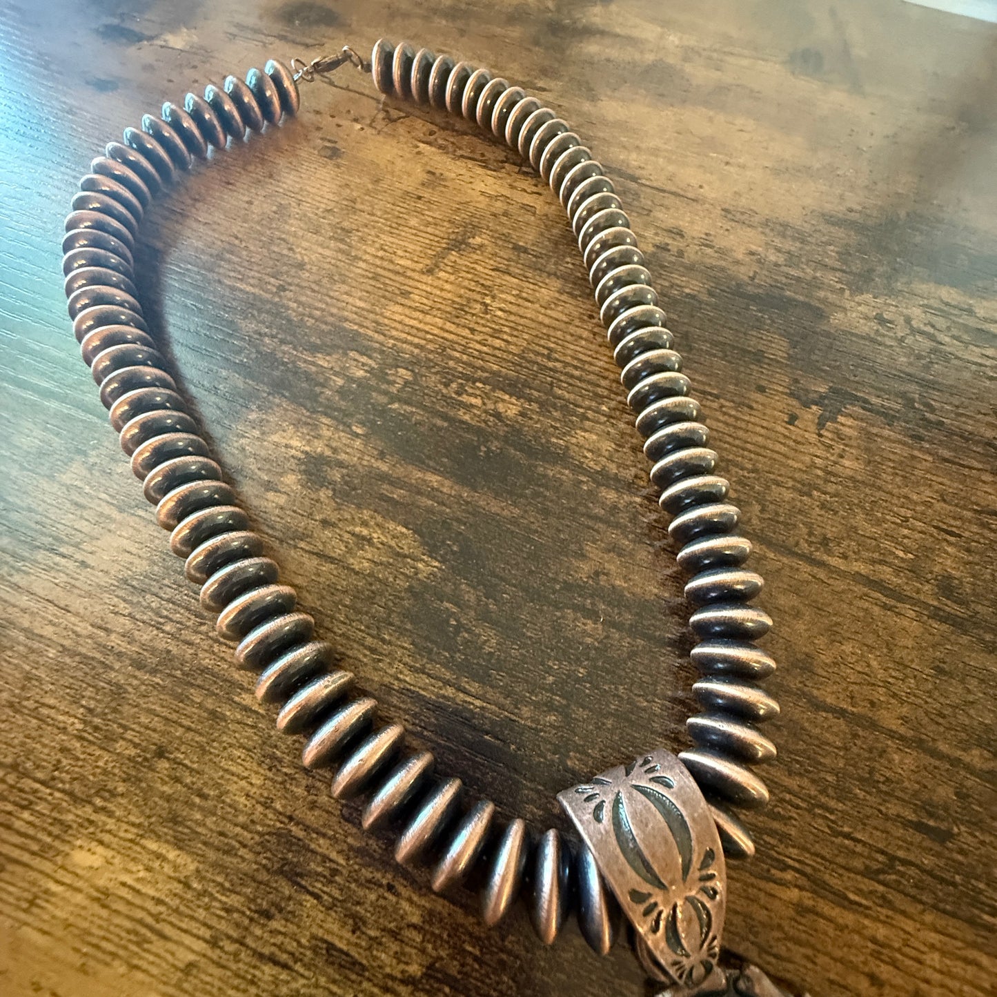 Copper Navajo Pearl Necklace With Blue Turquoise Teardrop Pendant 21 Inches