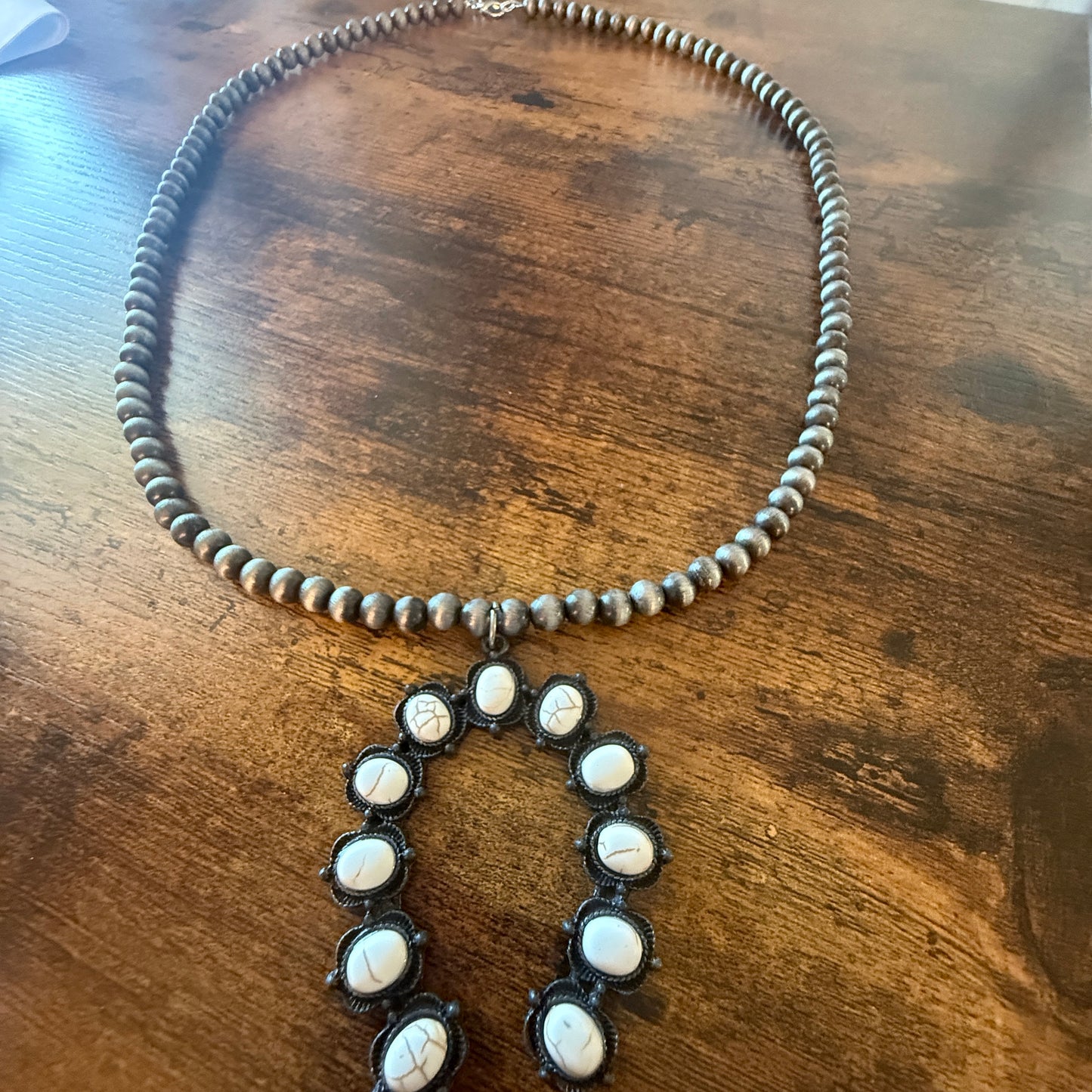 Silver Navajo Pearl Necklace With White Stone Squash Blossom Pendant, 32 inch
