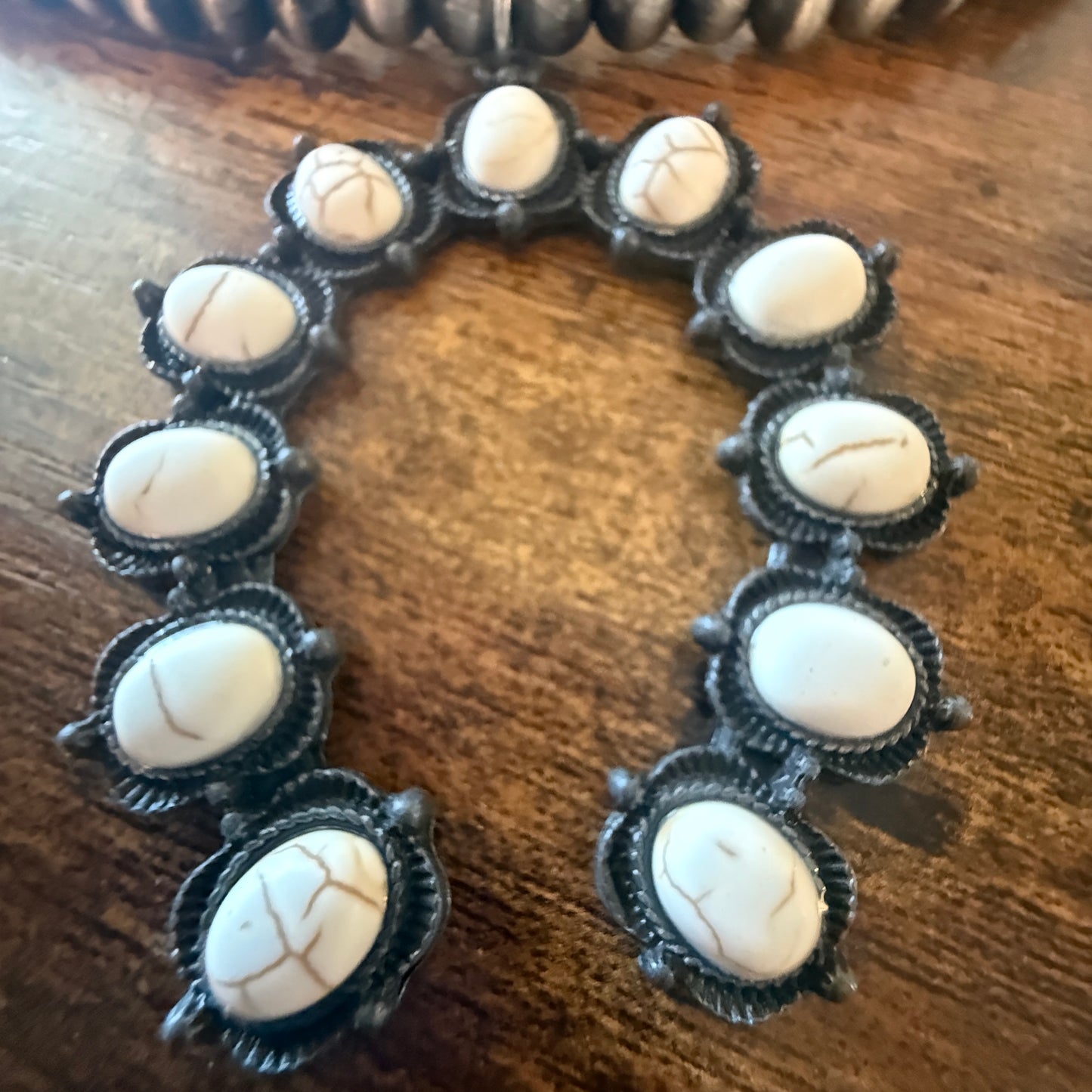 Silver Navajo Pearl Necklace With White Stone Squash Blossom Pendant, 32 inch