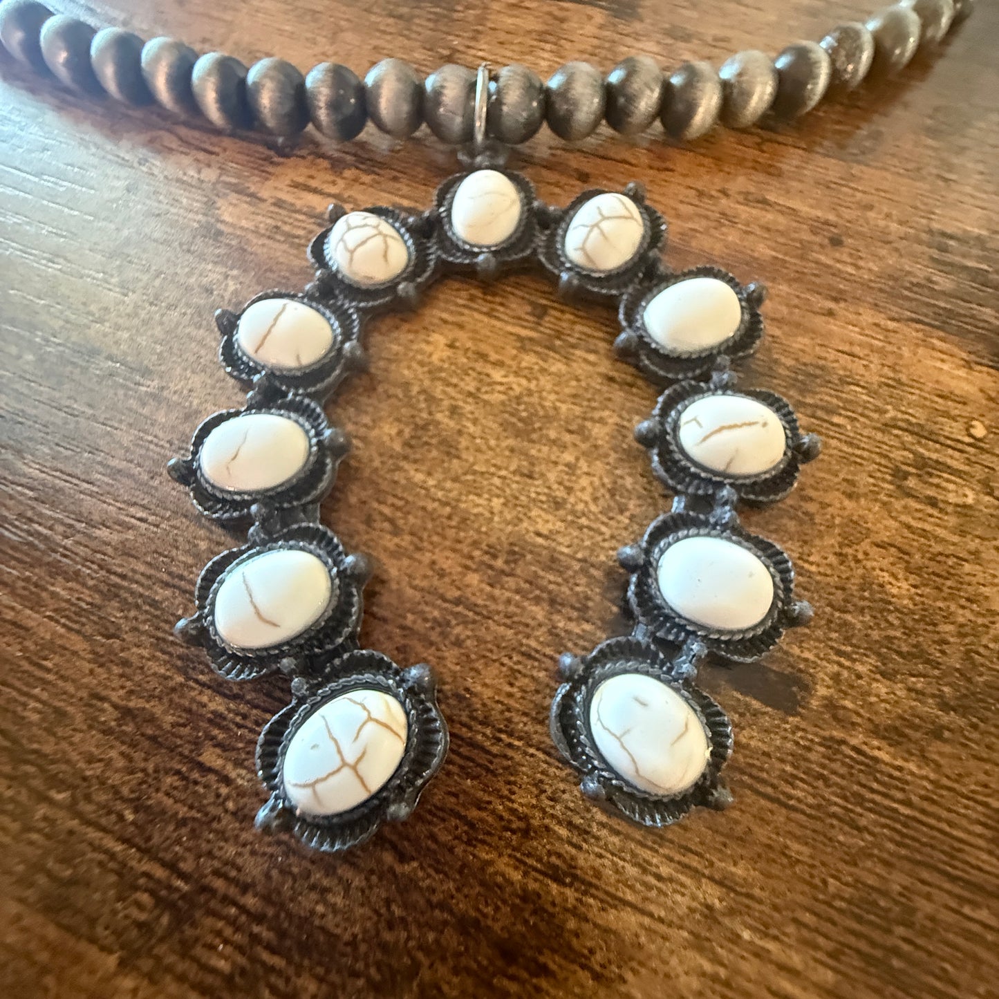 Silver Navajo Pearl Necklace With White Stone Squash Blossom Pendant, 32 inch