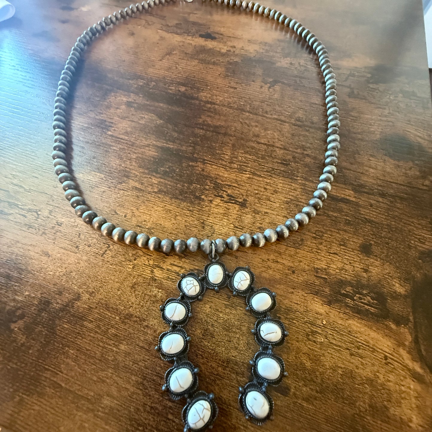 Silver Navajo Pearl Necklace With White Stone Squash Blossom Pendant, 32 inch