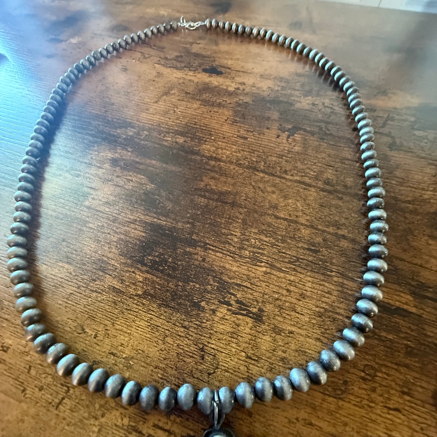 Silver Navajo Pearl Necklace With White Stone Squash Blossom Pendant, 32 inch