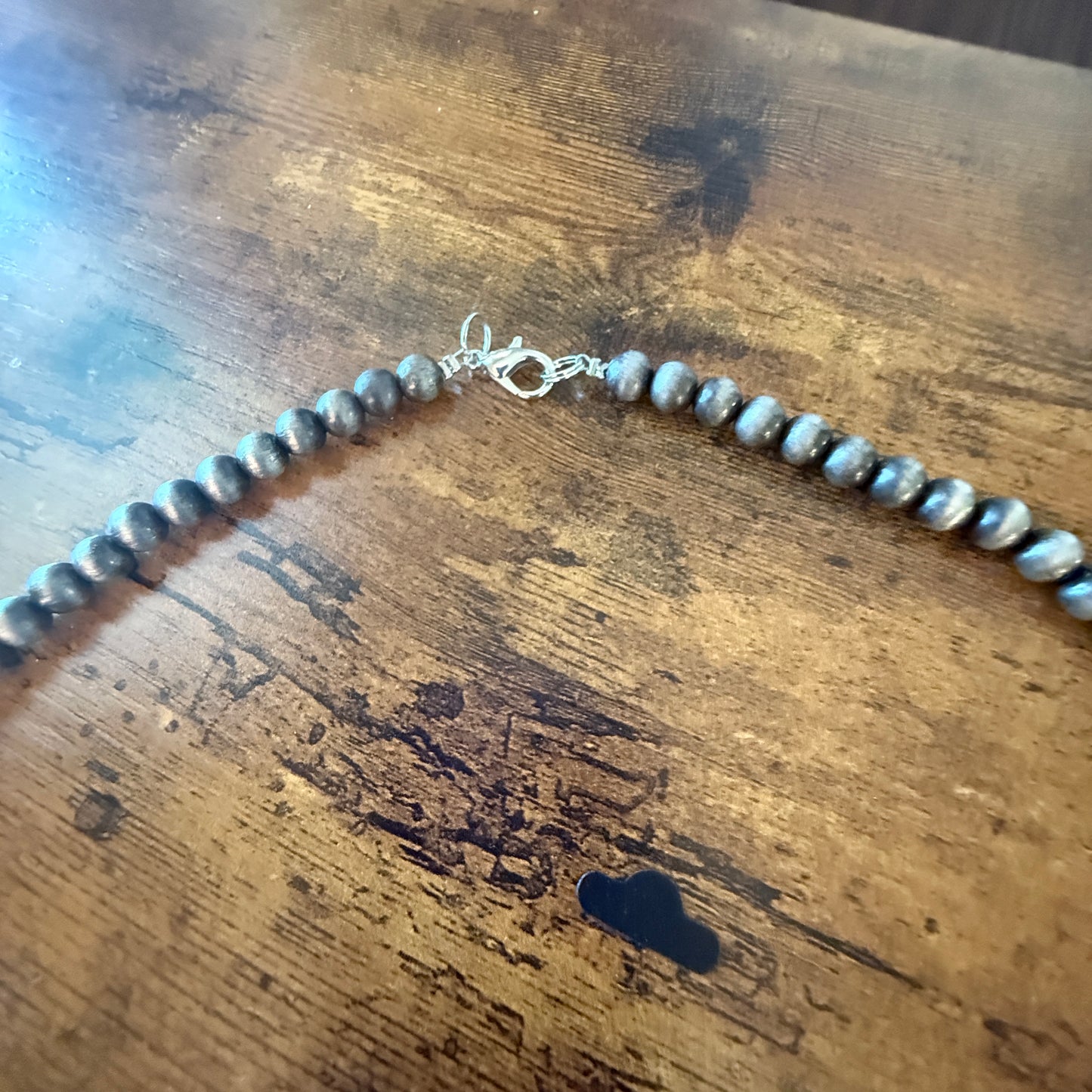 Silver Navajo Pearl Necklace With White Stone Squash Blossom Pendant, 32 inch