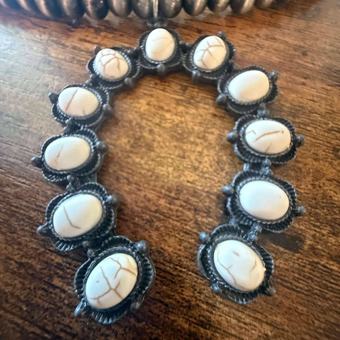 Silver Navajo Pearl Necklace With White Stone Squash Blossom Pendant, 32 inch