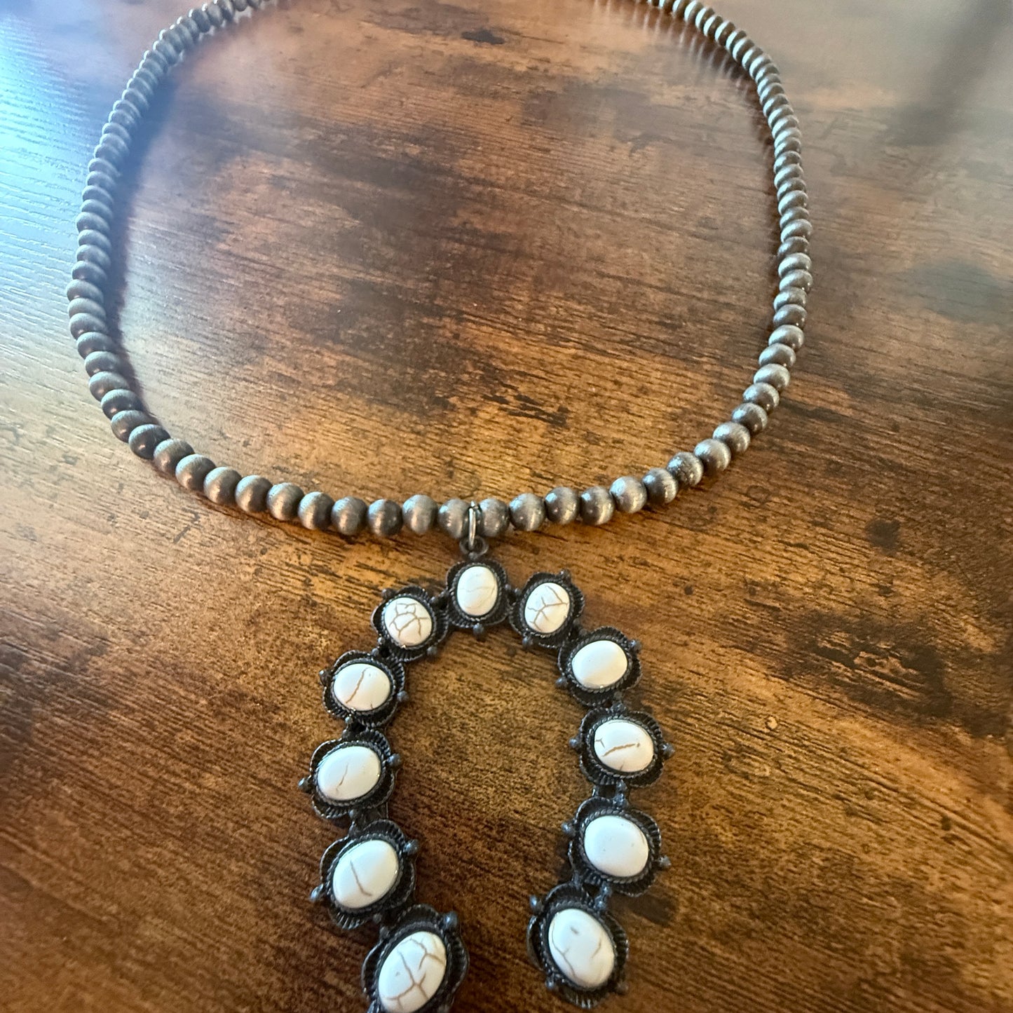 Silver Navajo Pearl Necklace With White Stone Squash Blossom Pendant, 32 inch