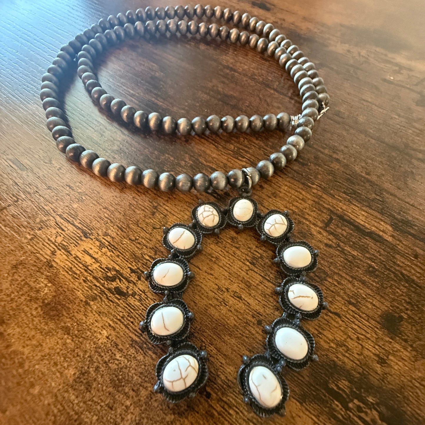 Silver Navajo Pearl Necklace With White Stone Squash Blossom Pendant, 32 inch