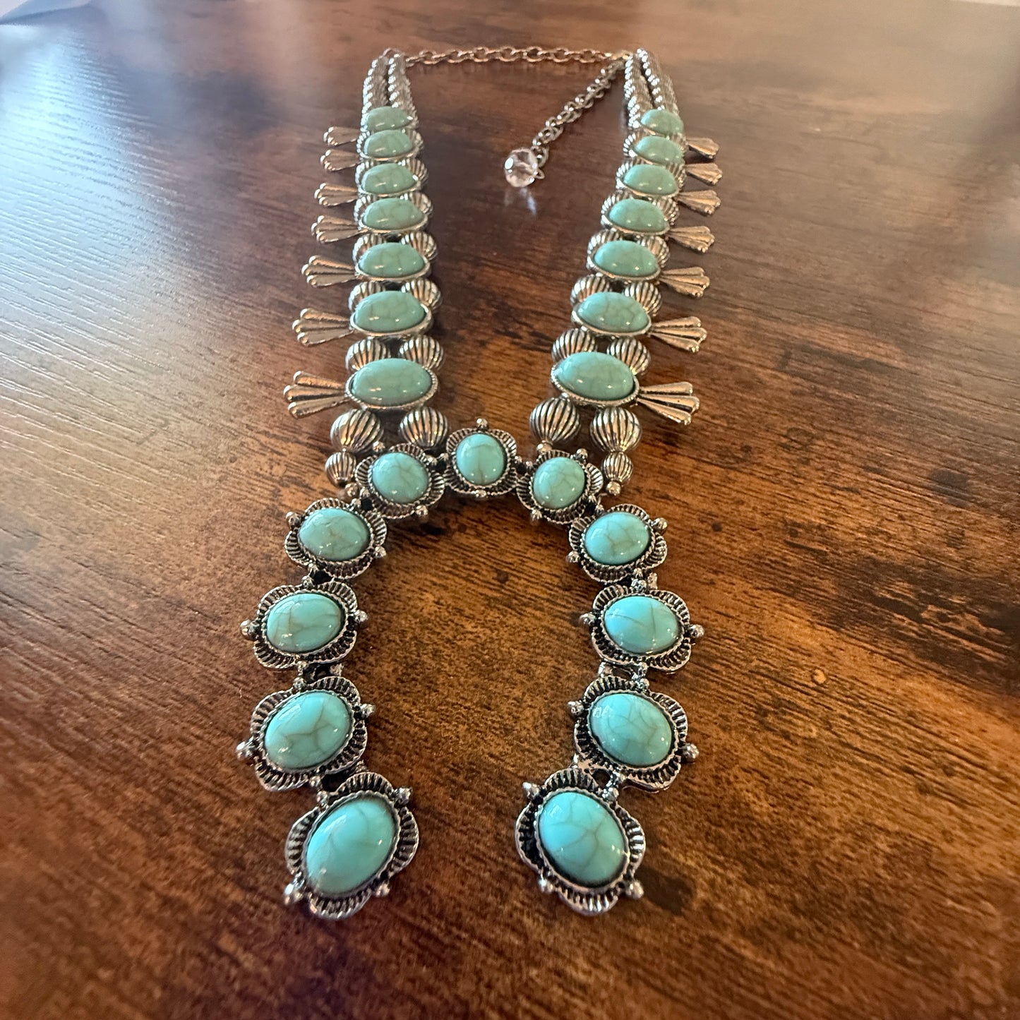 Blue Turquoise Stone Squash Blossom Necklace, Faux Silver Pearl Beads