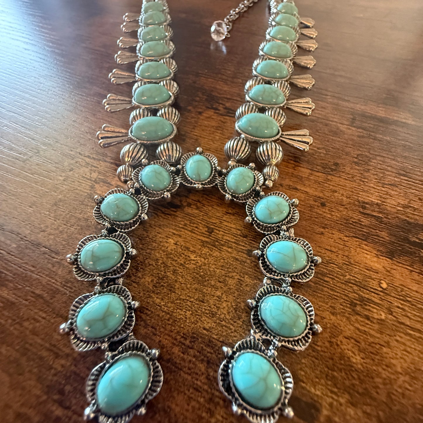 Blue Turquoise Stone Squash Blossom Necklace, Faux Silver Pearl Beads