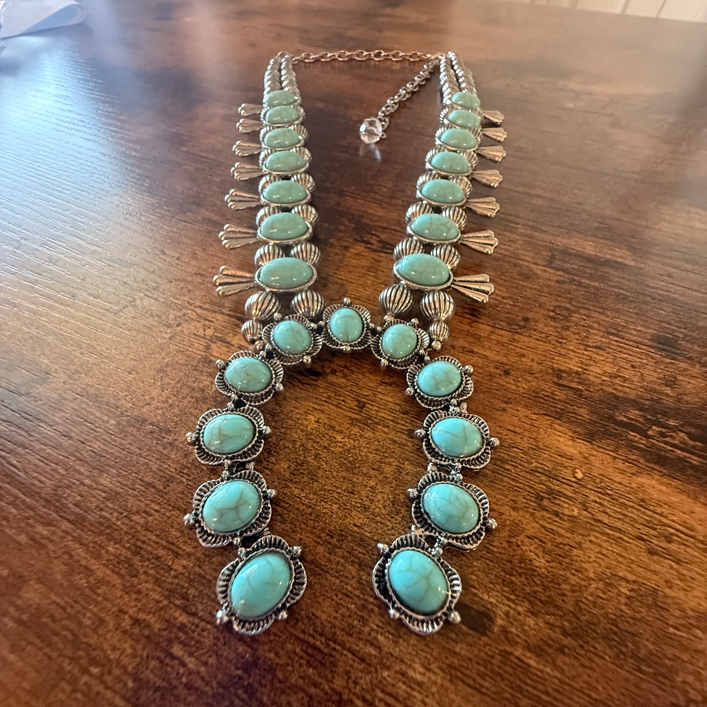Blue Turquoise Stone Squash Blossom Necklace, Faux Silver Pearl Beads