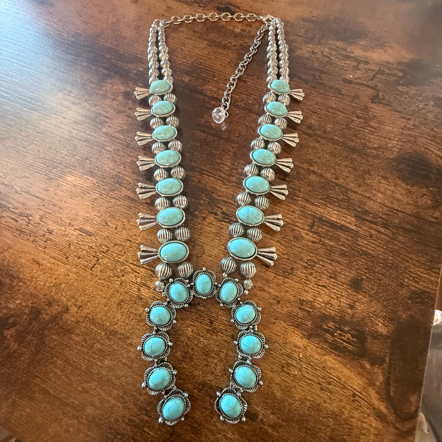 Blue Turquoise Stone Squash Blossom Necklace, Faux Silver Pearl Beads