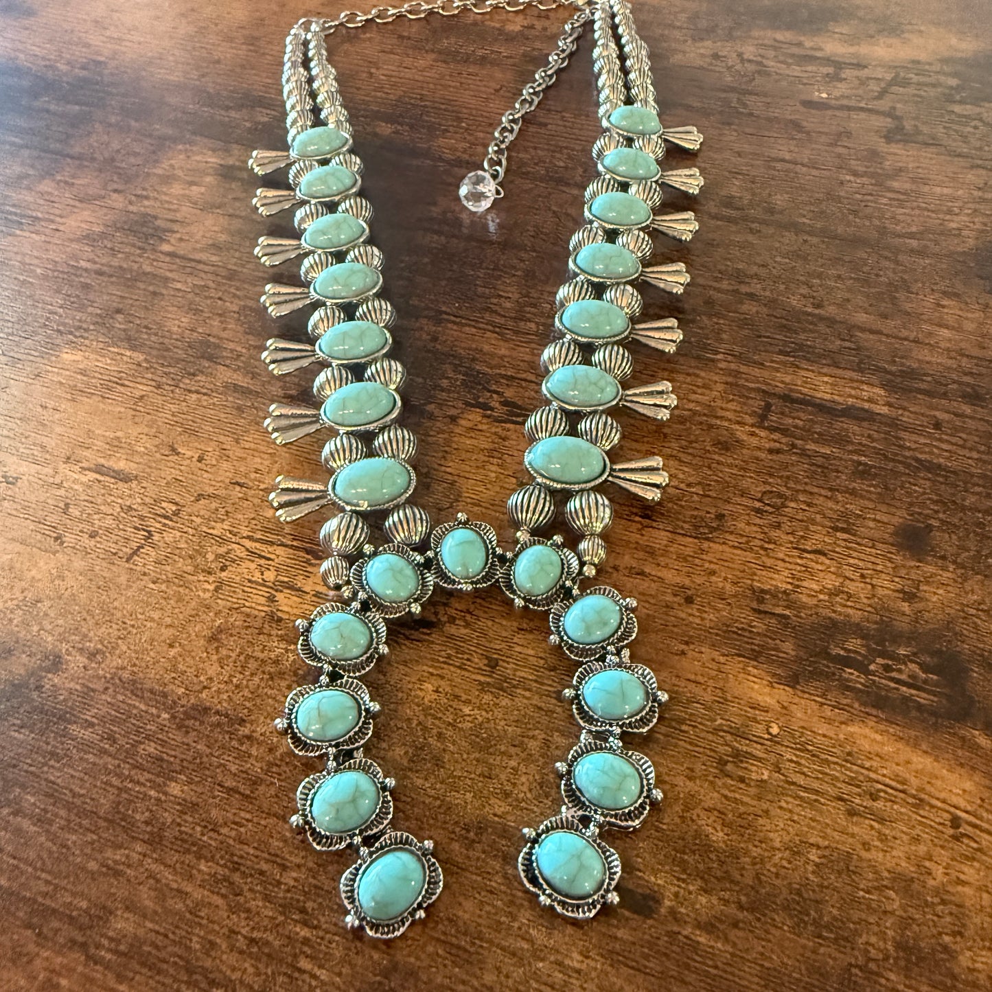 Blue Turquoise Stone Squash Blossom Necklace, Faux Silver Pearl Beads