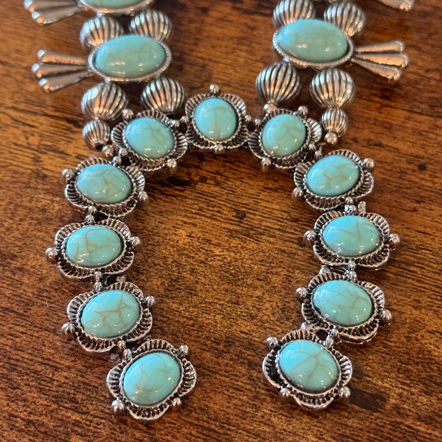 Blue Turquoise Stone Squash Blossom Necklace, Faux Silver Pearl Beads