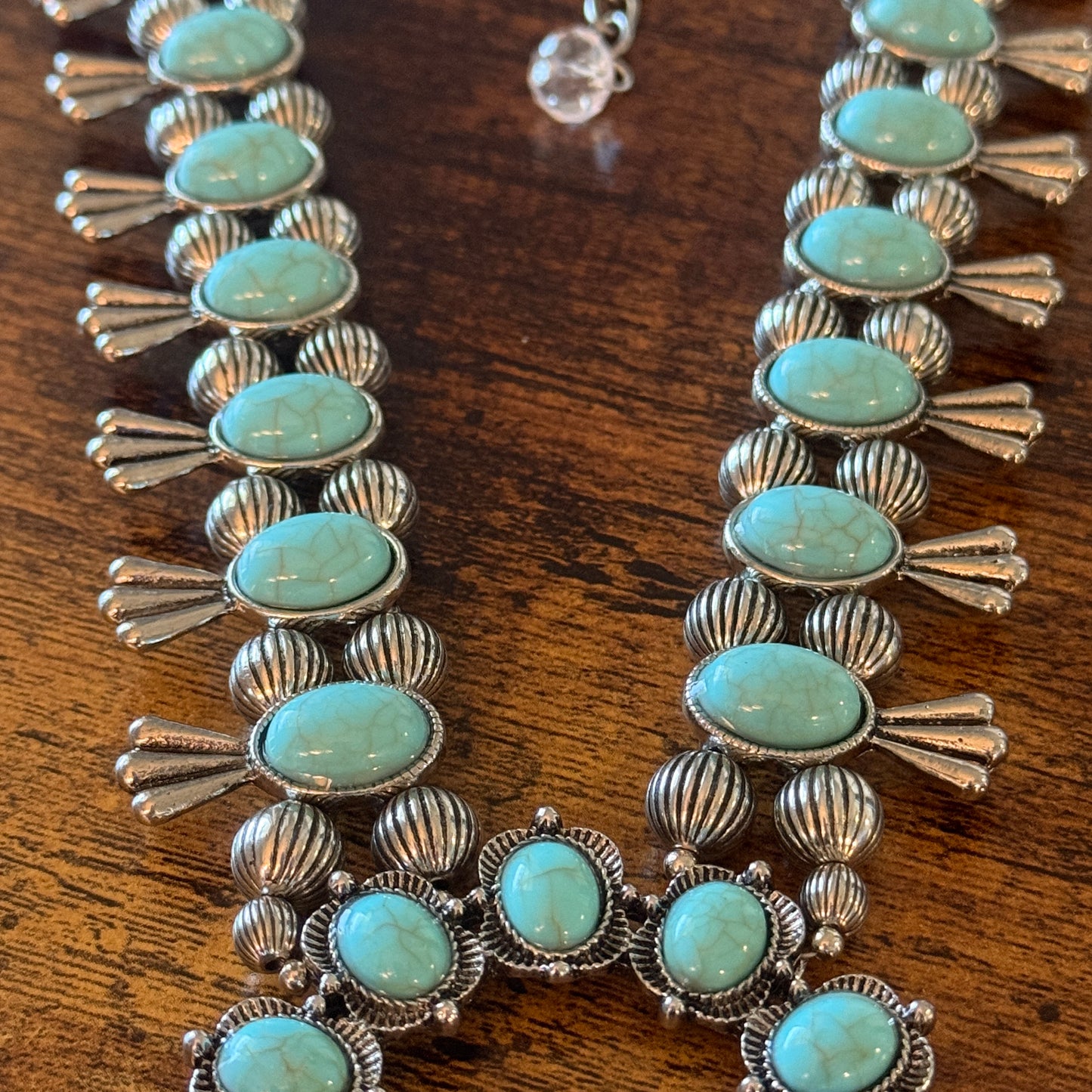 Blue Turquoise Stone Squash Blossom Necklace, Faux Silver Pearl Beads