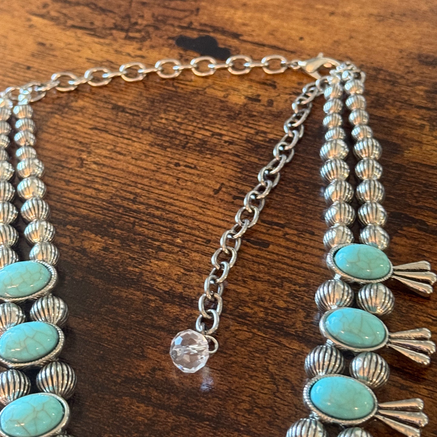 Blue Turquoise Stone Squash Blossom Necklace, Faux Silver Pearl Beads