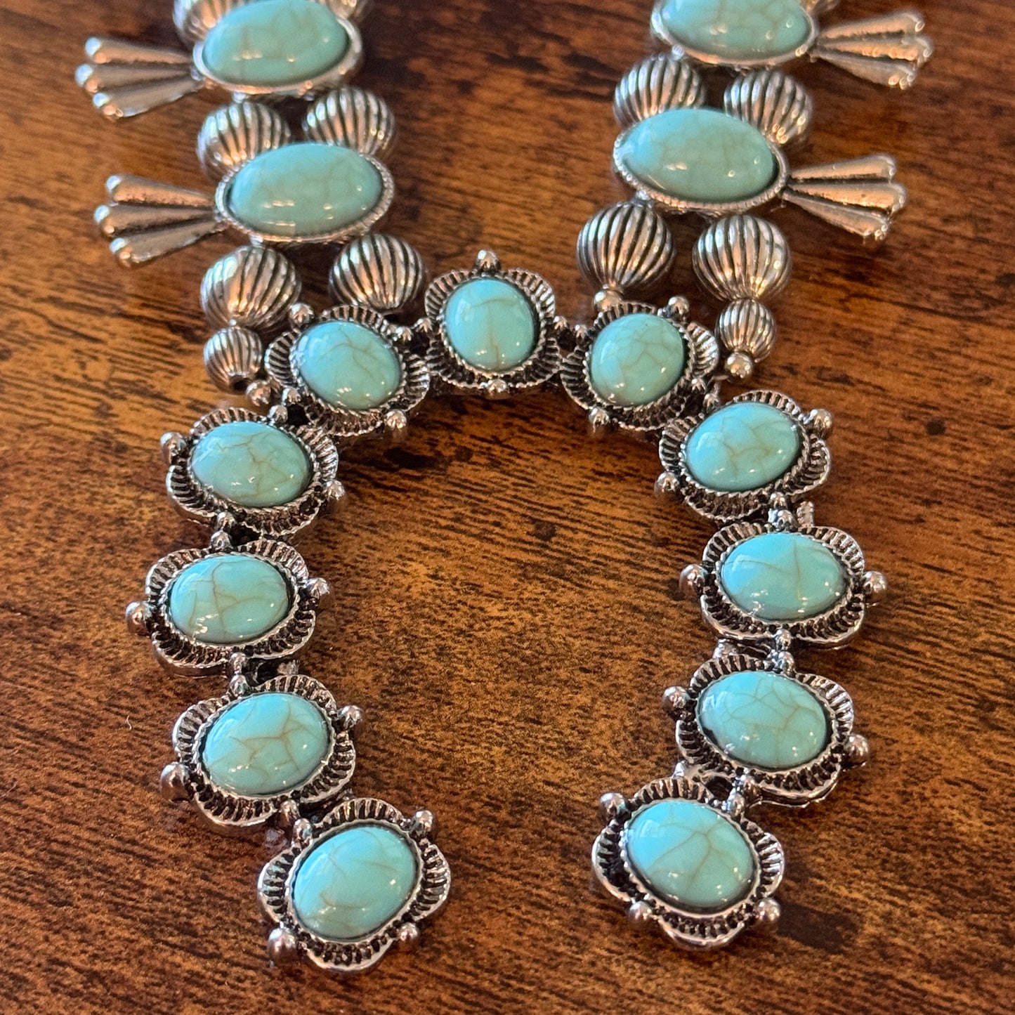 Blue Turquoise Stone Squash Blossom Necklace, Faux Silver Pearl Beads