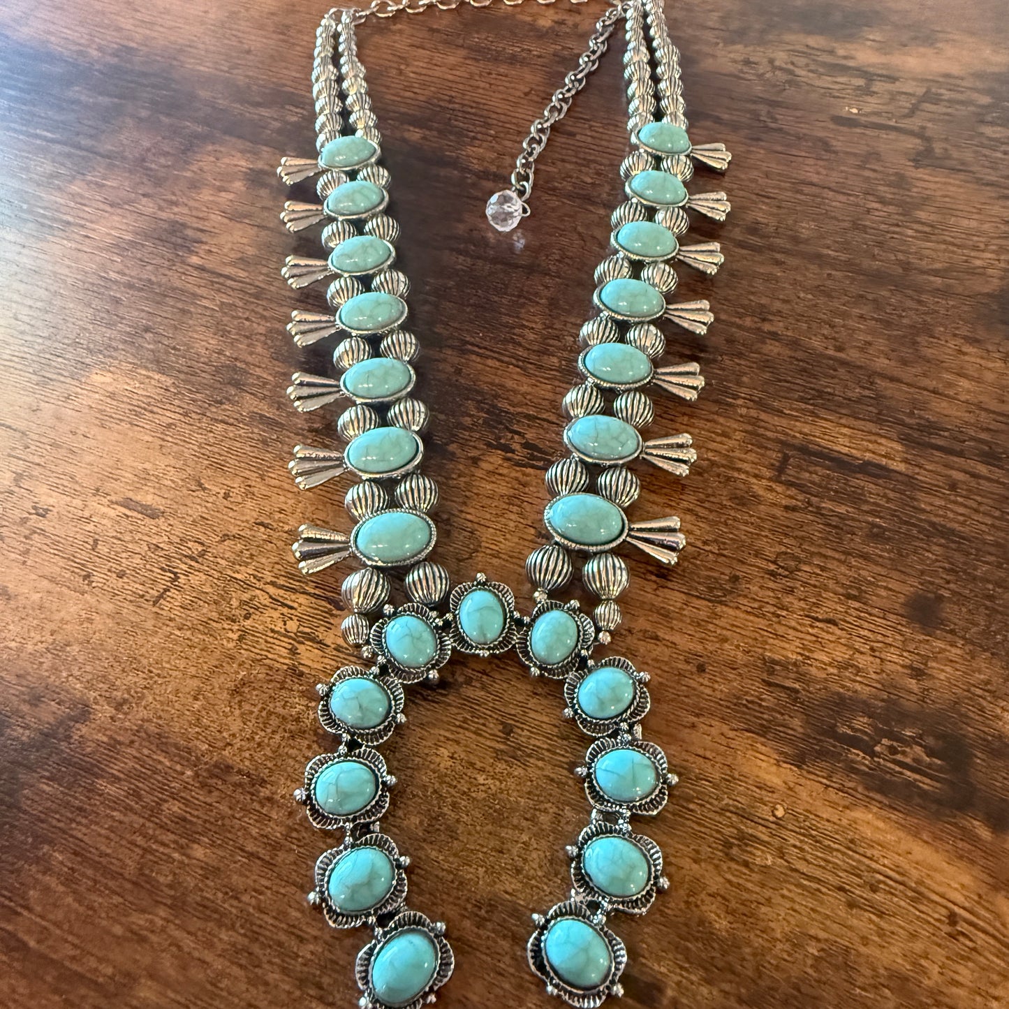 Blue Turquoise Stone Squash Blossom Necklace, Faux Silver Pearl Beads