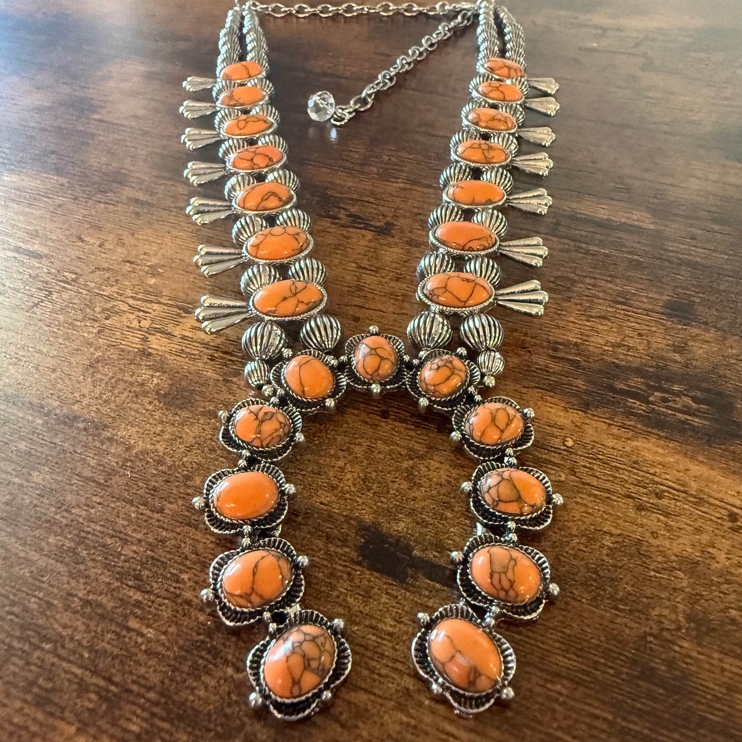 Orange Stone Squash Blossom Necklace, Faux Silver Pearl Beads