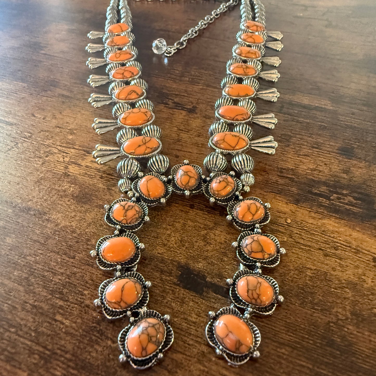 Orange Stone Squash Blossom Necklace, Faux Silver Pearl Beads