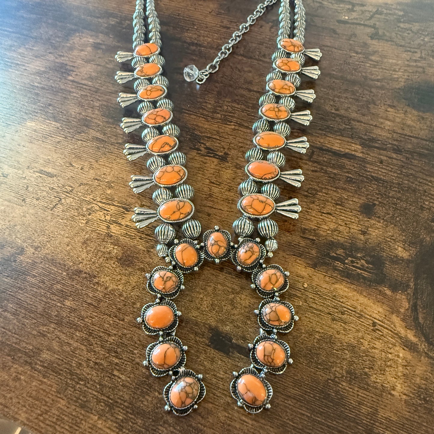 Orange Stone Squash Blossom Necklace, Faux Silver Pearl Beads