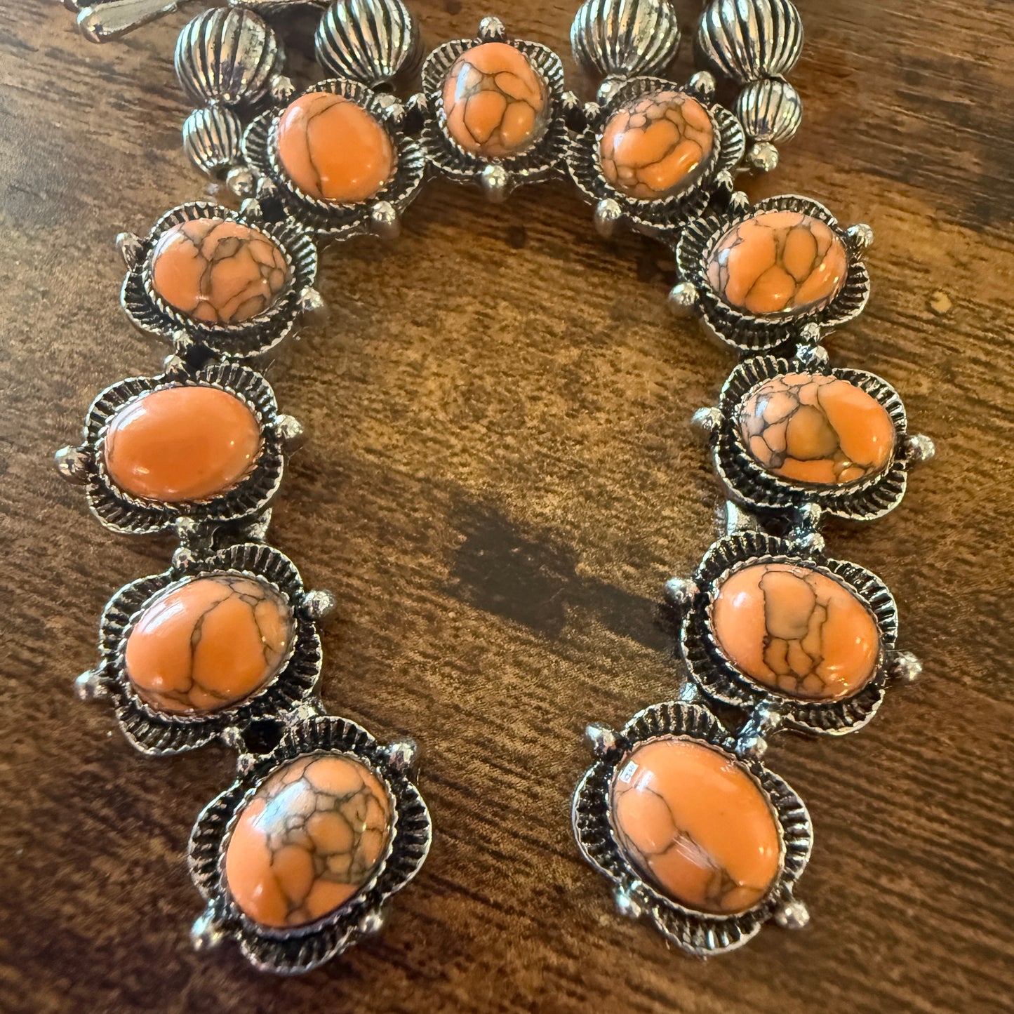 Orange Stone Squash Blossom Necklace, Faux Silver Pearl Beads