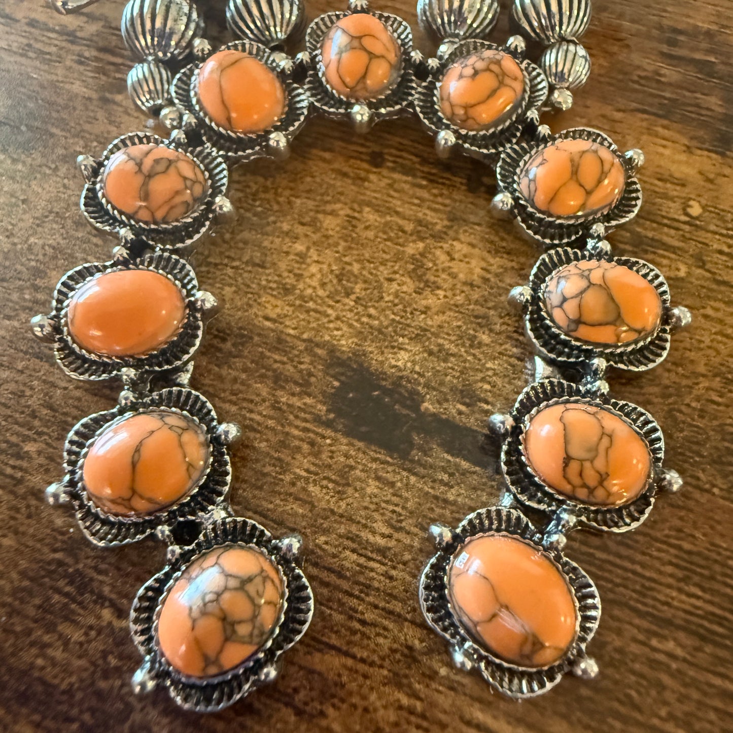 Orange Stone Squash Blossom Necklace, Faux Silver Pearl Beads
