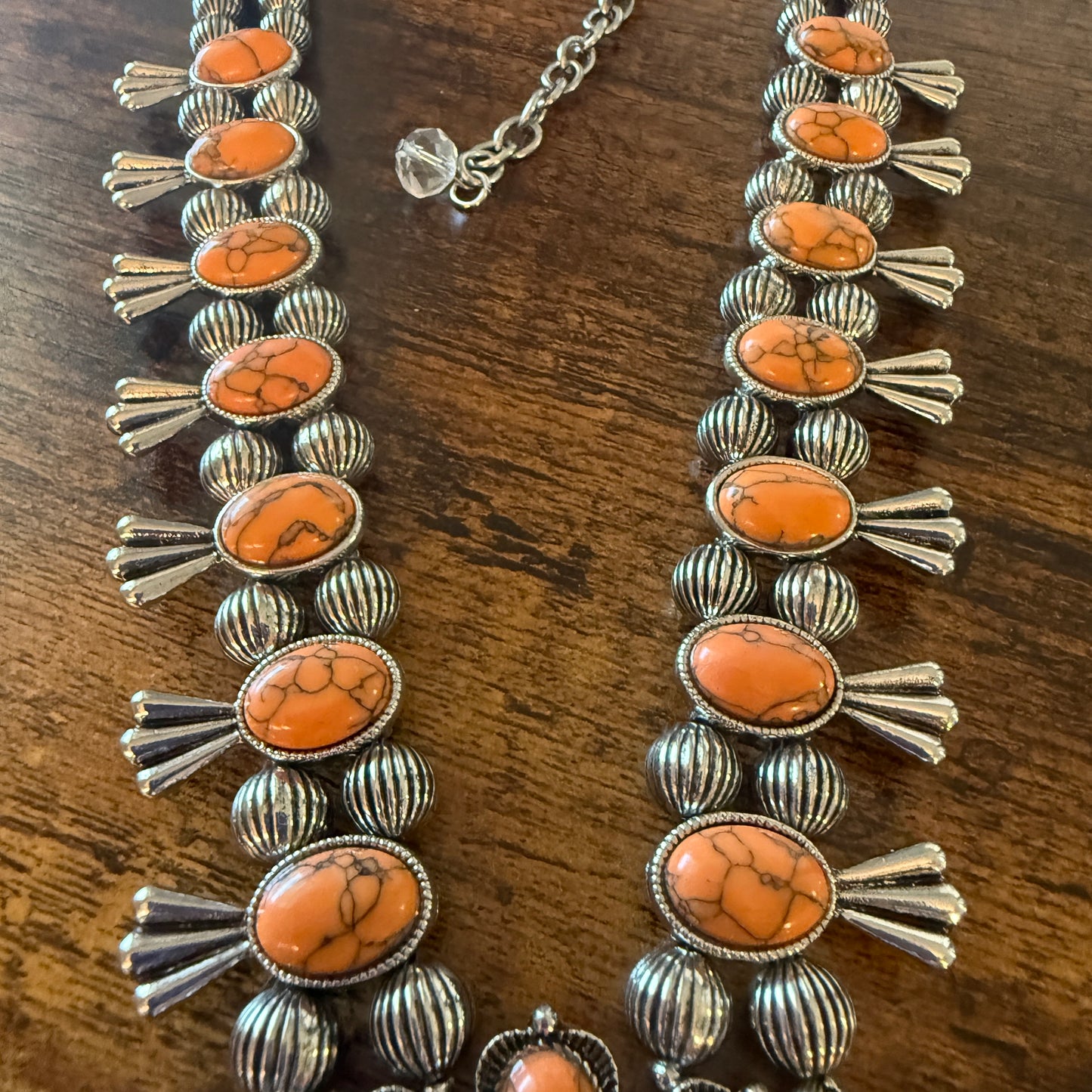 Orange Stone Squash Blossom Necklace, Faux Silver Pearl Beads