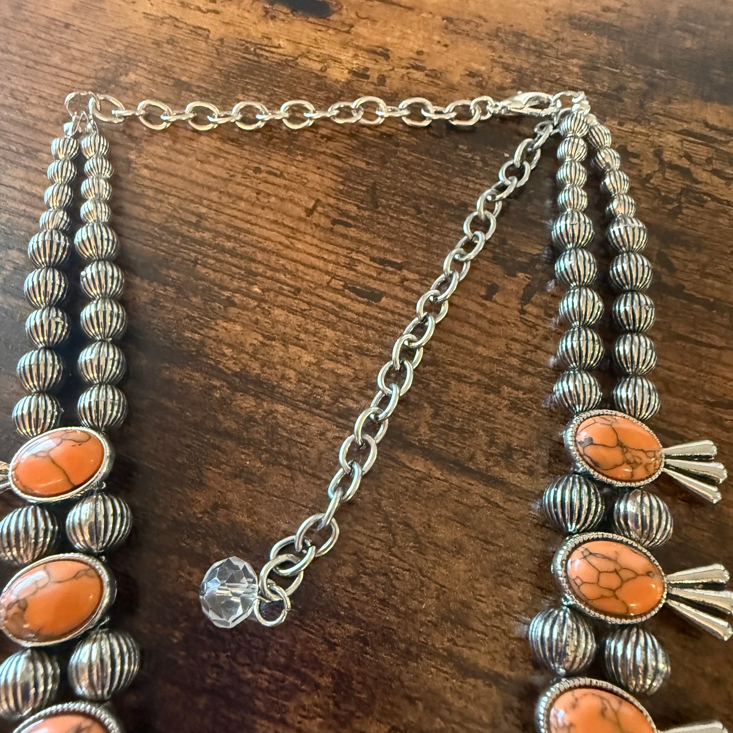 Orange Stone Squash Blossom Necklace, Faux Silver Pearl Beads