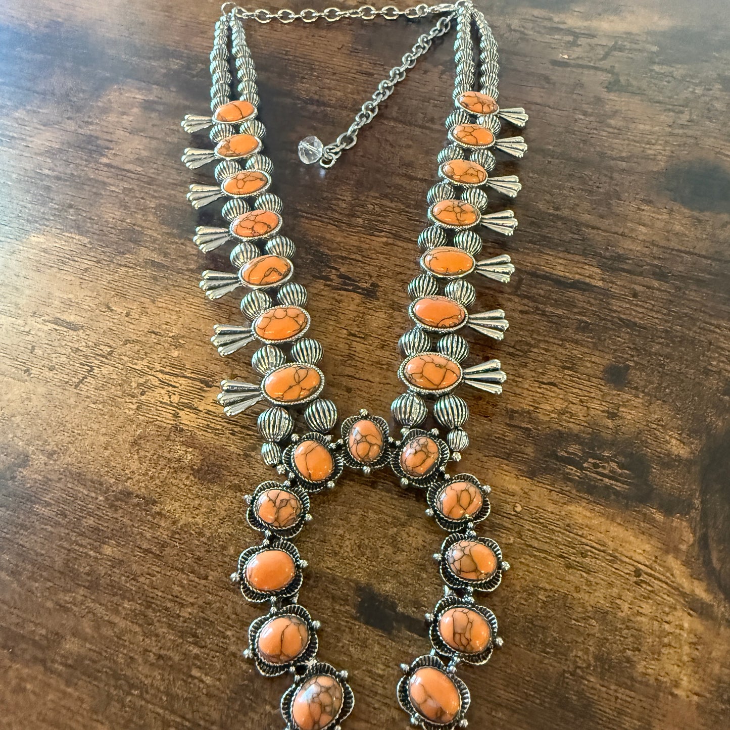 Orange Stone Squash Blossom Necklace, Faux Silver Pearl Beads