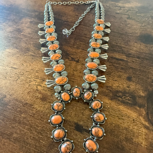 Orange Stone Squash Blossom Necklace, Faux Silver Pearl Beads