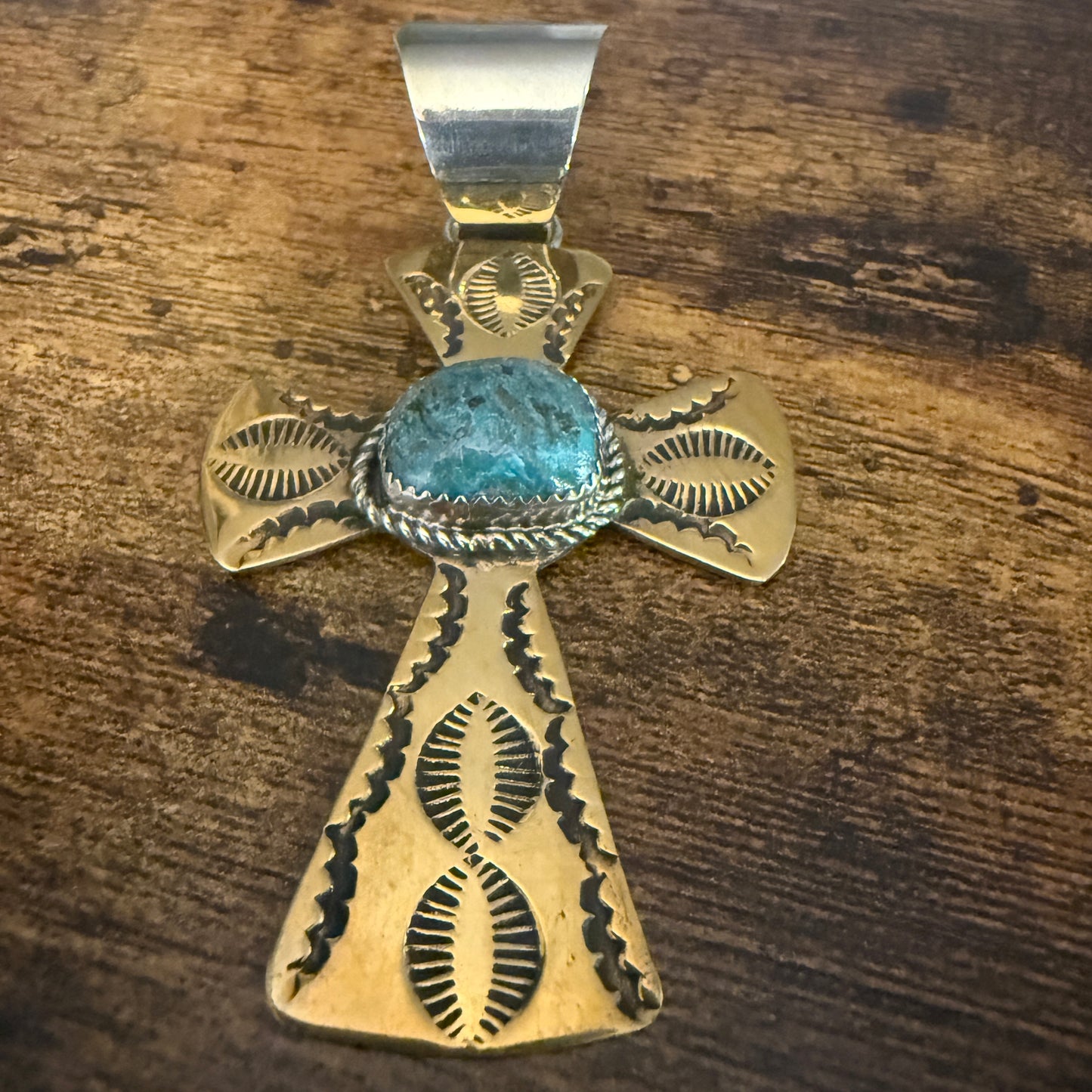 Native American Brass and Kingman Turquoise Cross Pendant Signed by Cleveland
