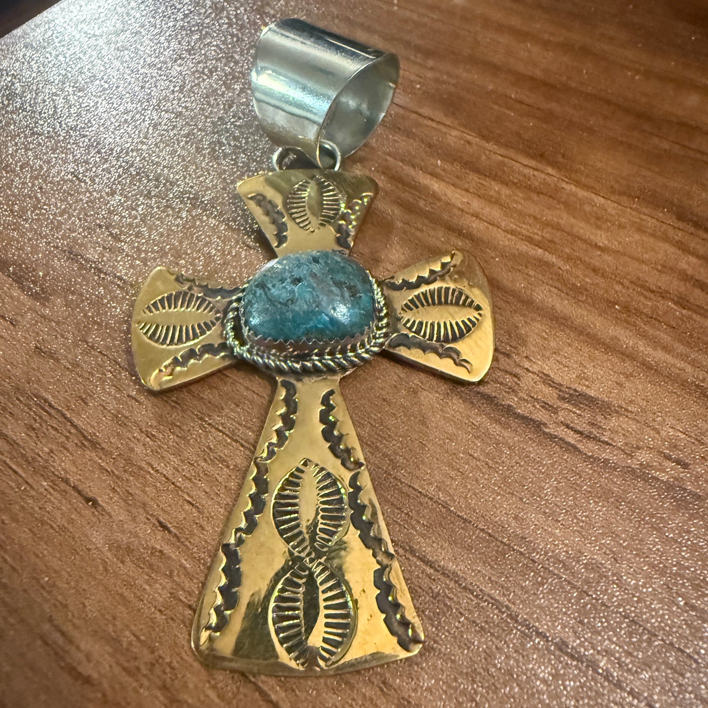 Native American Brass and Kingman Turquoise Cross Pendant Signed by Cleveland