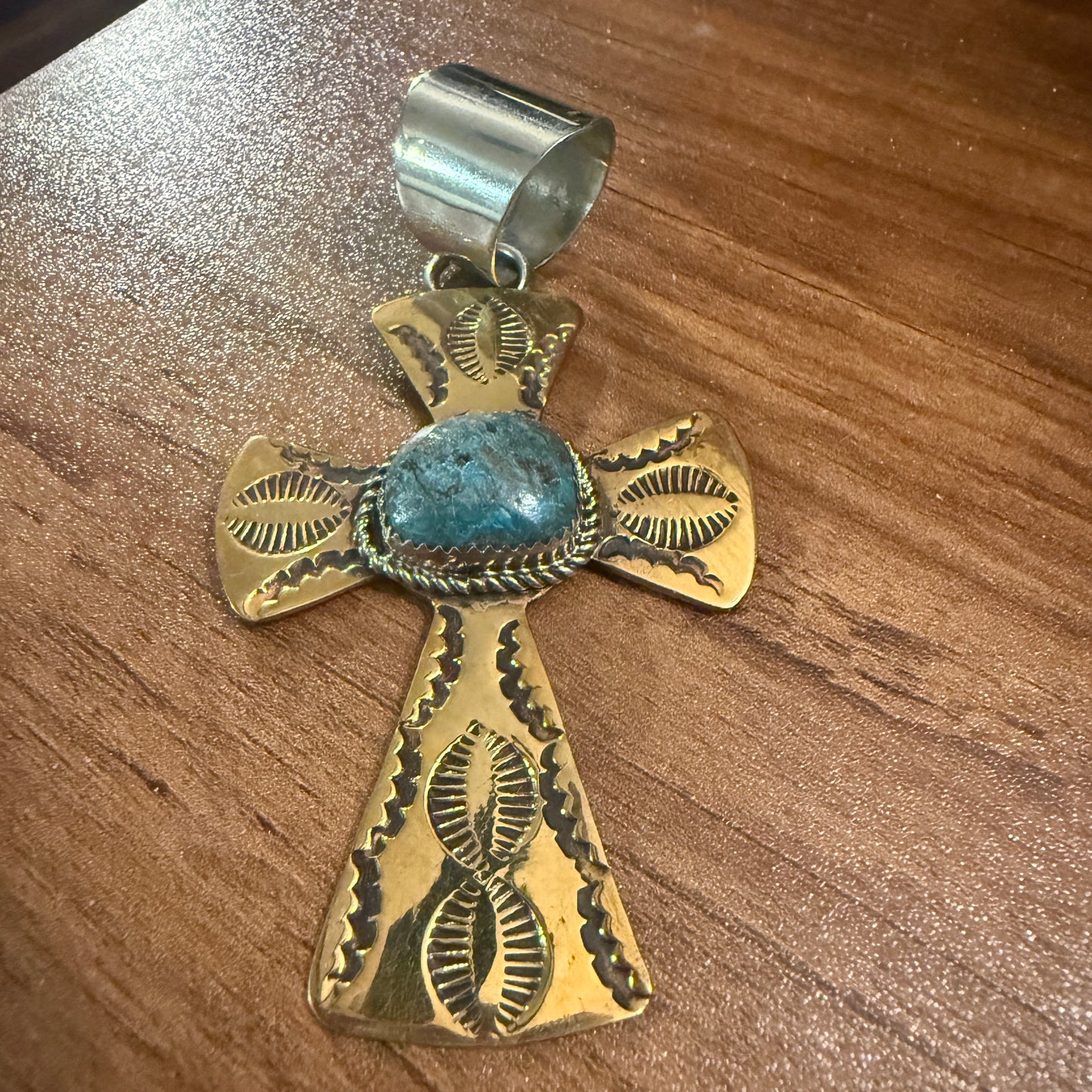 Native American Brass and Kingman Turquoise Cross Pendant Signed by Cleveland