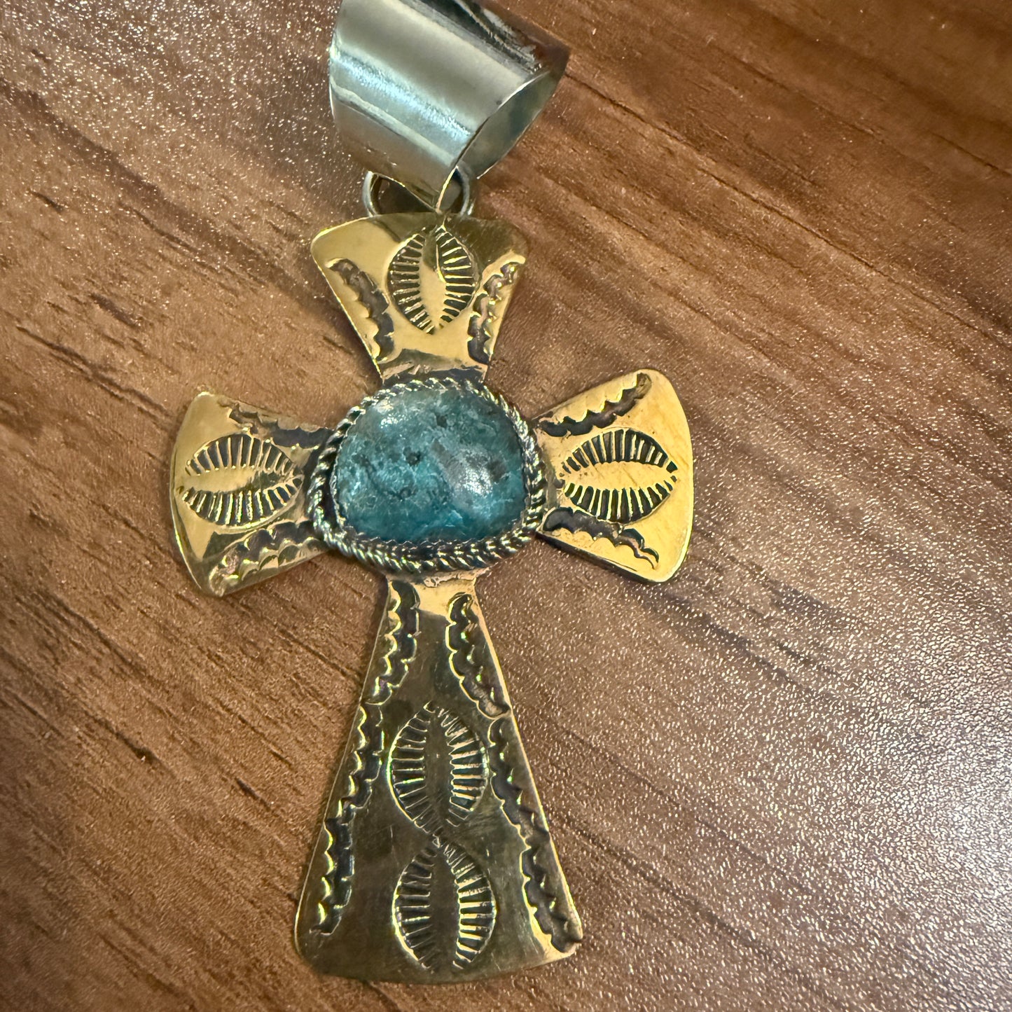 Native American Brass and Kingman Turquoise Cross Pendant Signed by Cleveland
